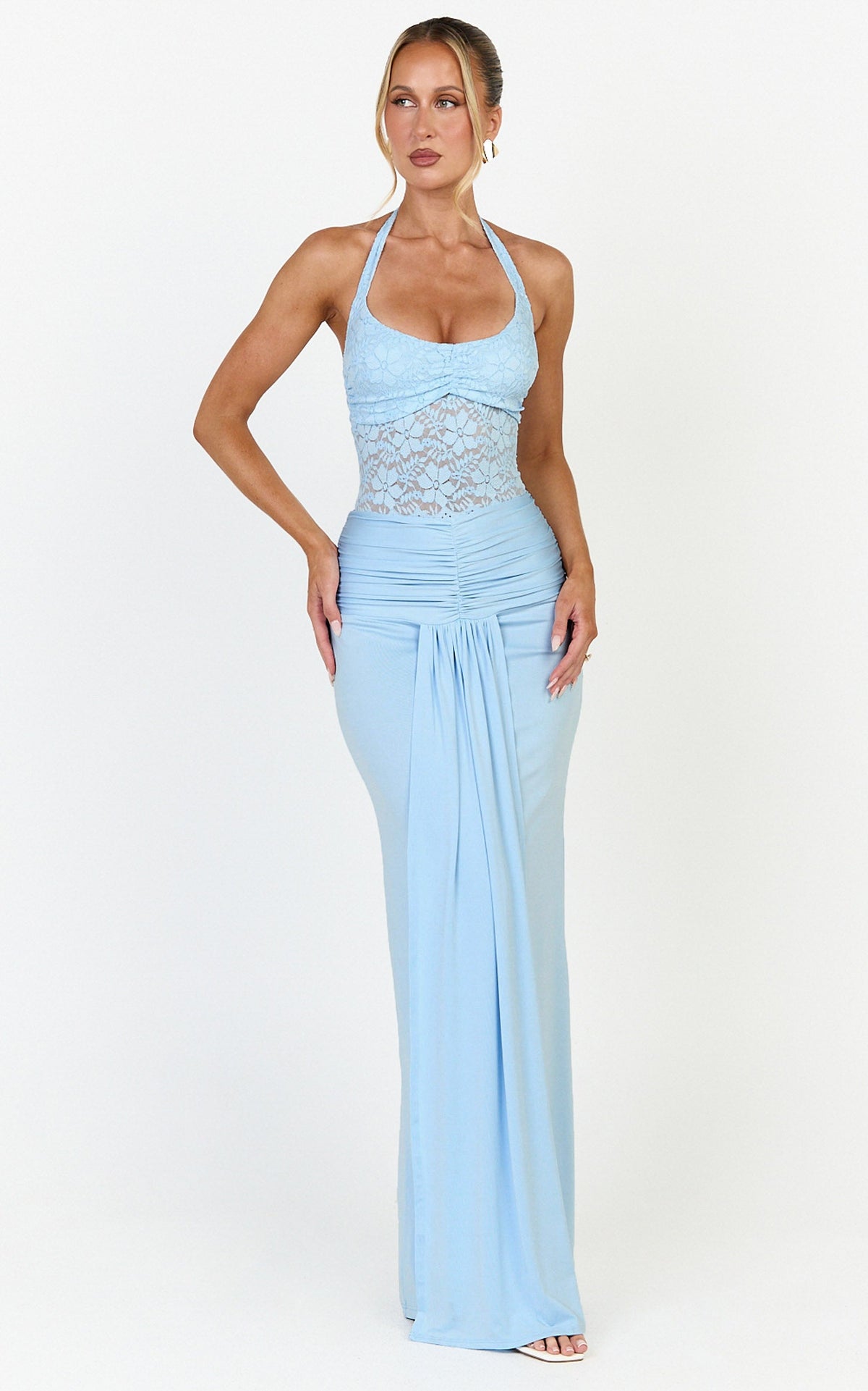 Melville Maxi Dress - Lace Bodice Draped Front Halter Dress in Blue
