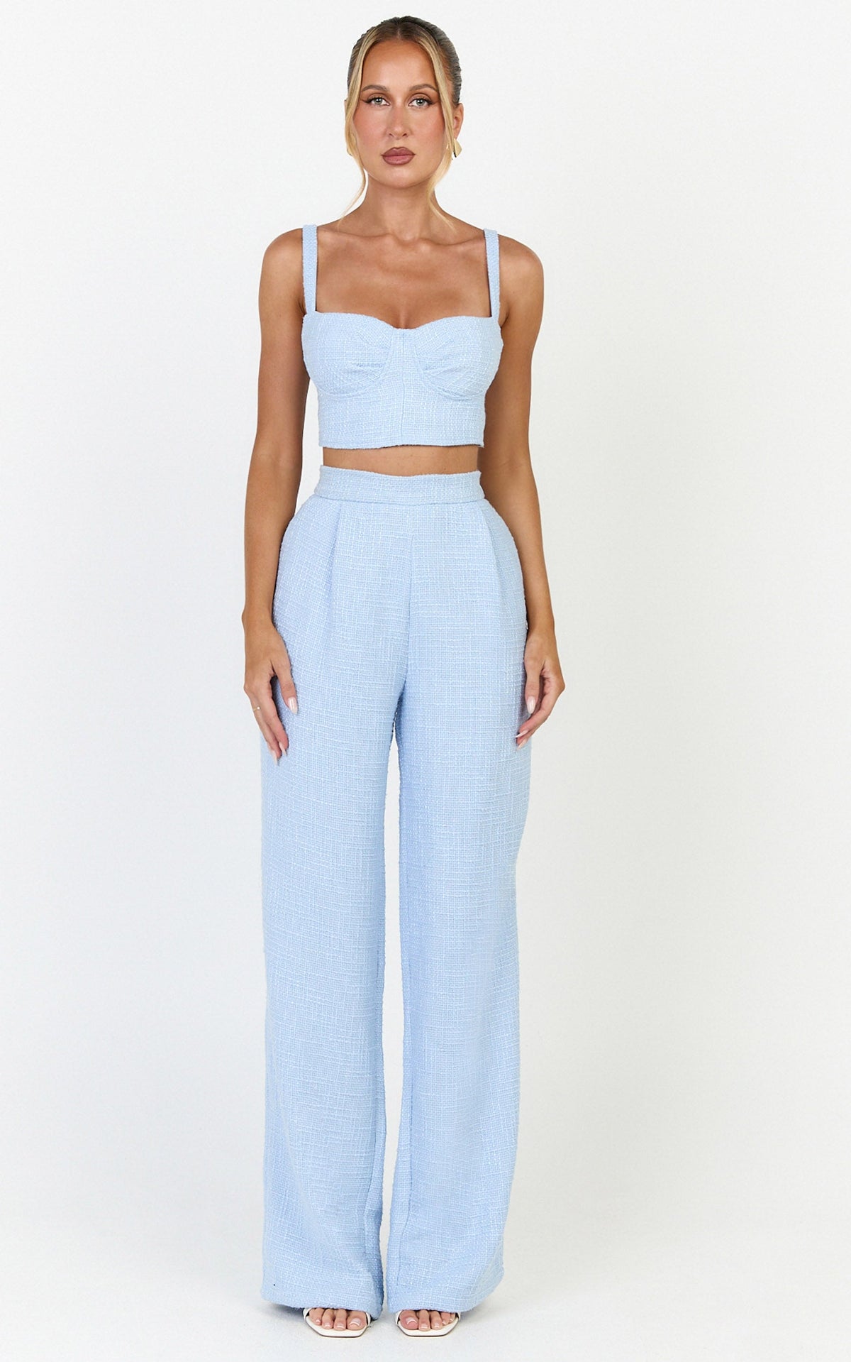 Sylvia Two Piece Set - Corset Top and High Waisted Wide Leg Pants Set in Blue