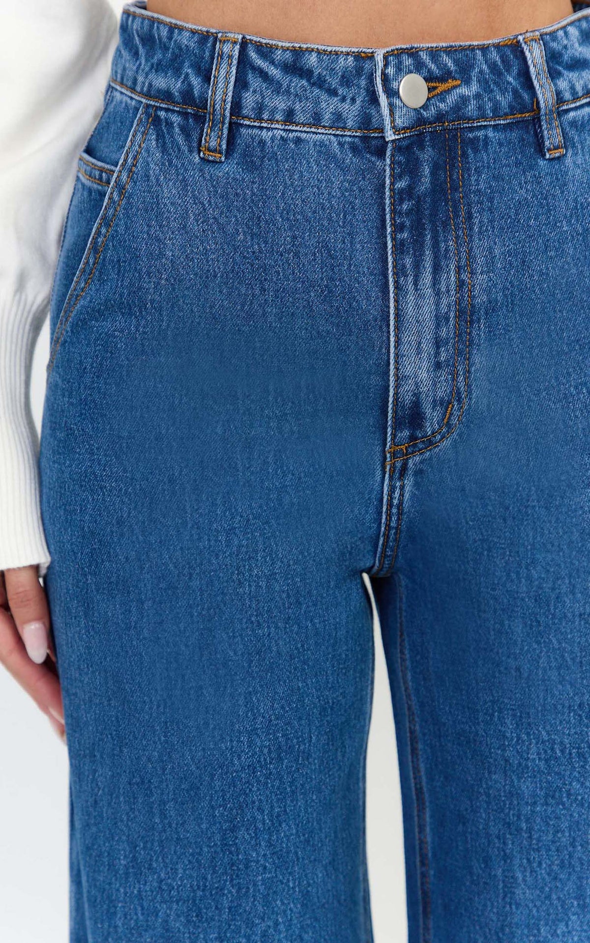 Therese Jeans - High Waist Wide Leg Flare Recycled Denim Jeans in Dark Blue Wash