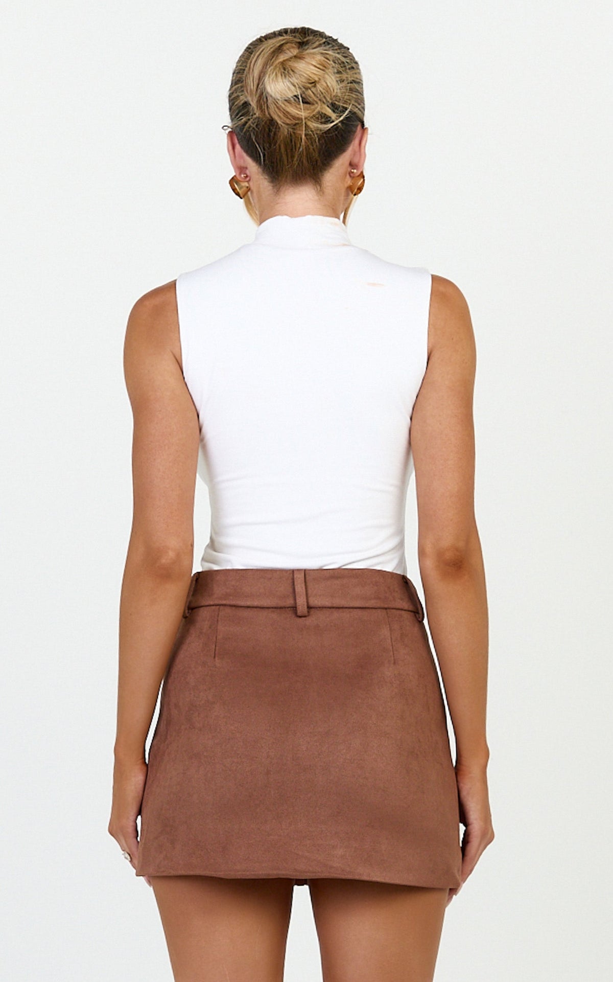 Priscilla Mini Skirt - Mid Waist Faux Suede Skirt in Brown Tan