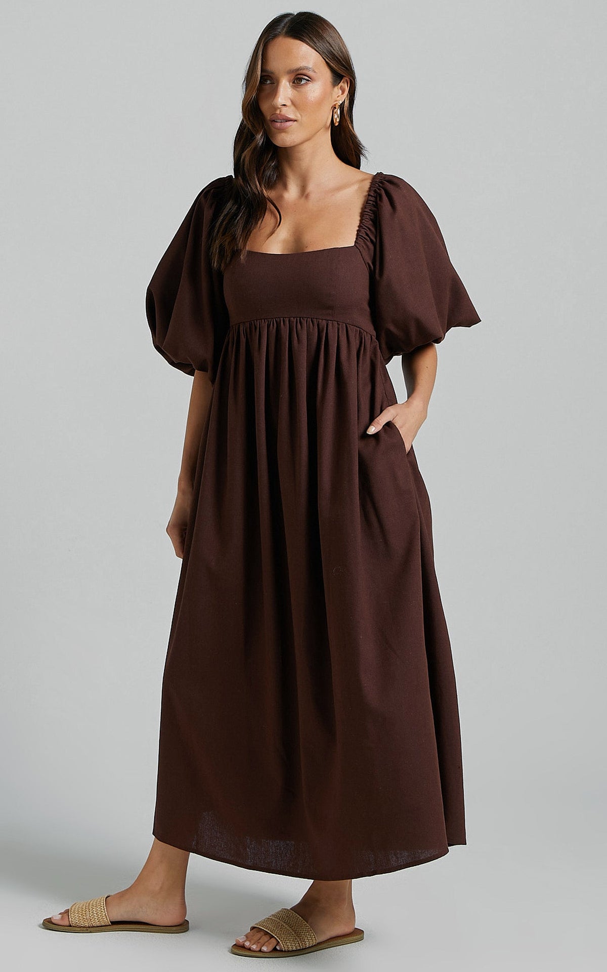 Cenia Midi Dress - Linen Straight Neck Shirred Back Puff Sleeve Dress in Dark Oak
