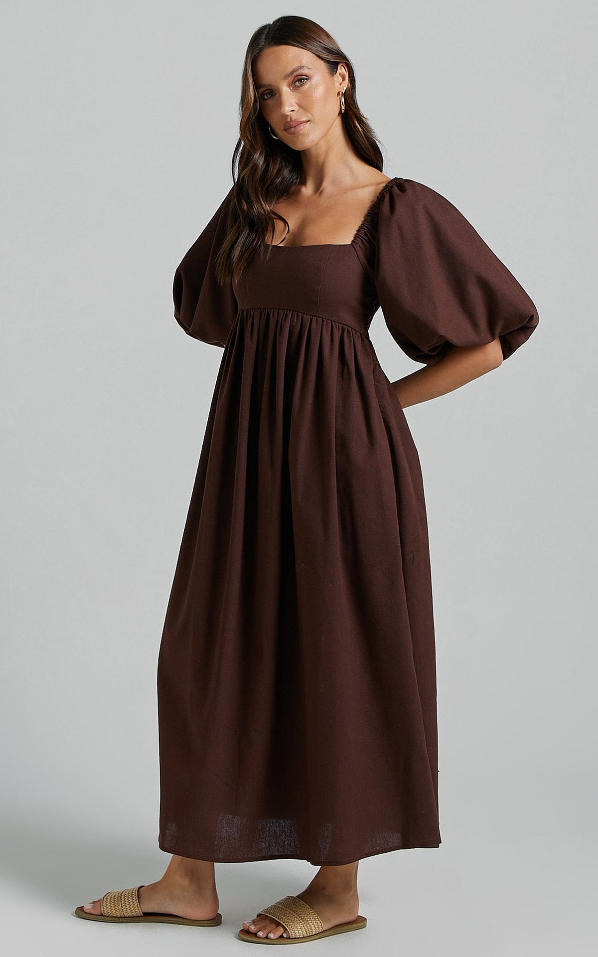 Cenia Midi Dress - Linen Straight Neck Shirred Back Puff Sleeve Dress in Dark Oak