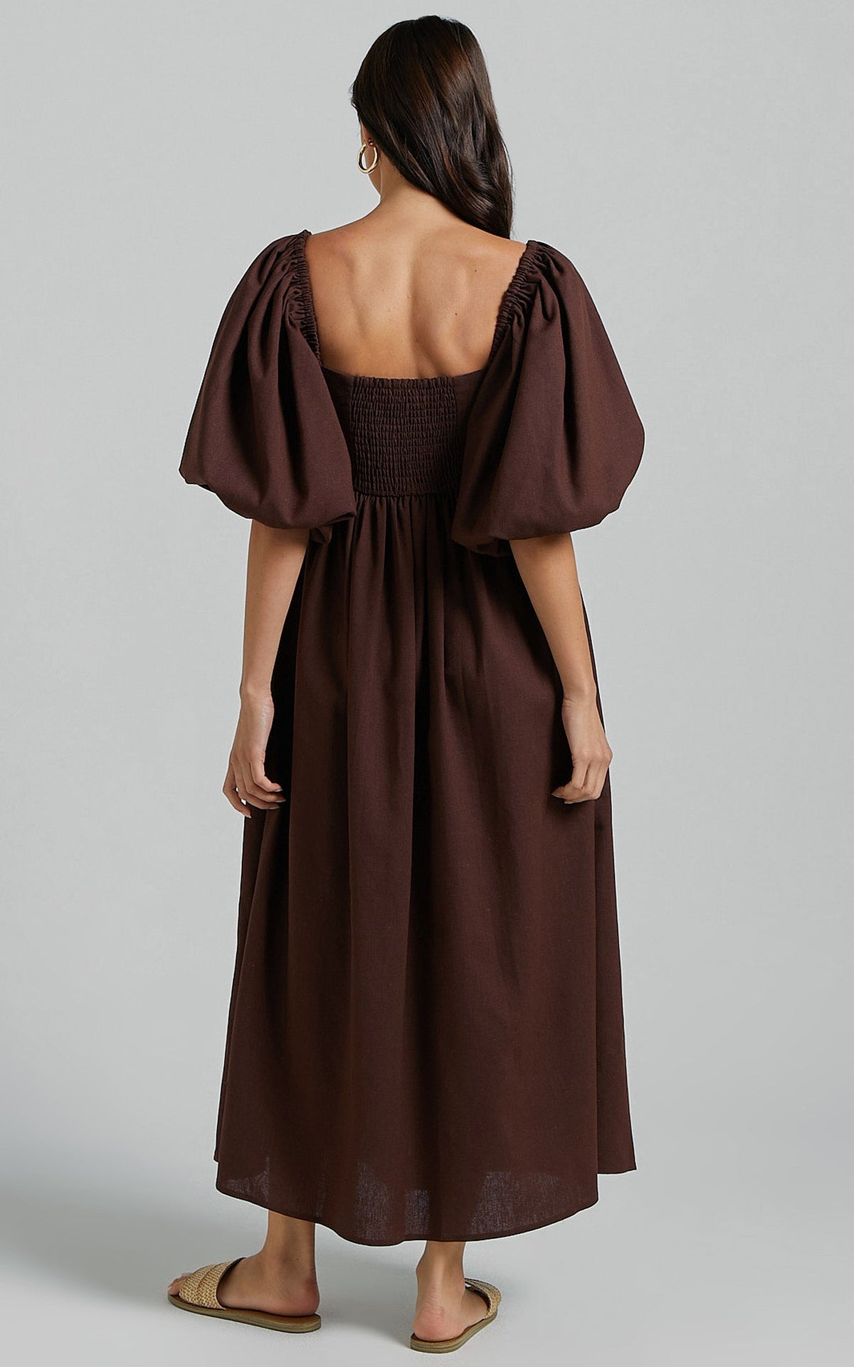 Cenia Midi Dress - Linen Straight Neck Shirred Back Puff Sleeve Dress in Dark Oak