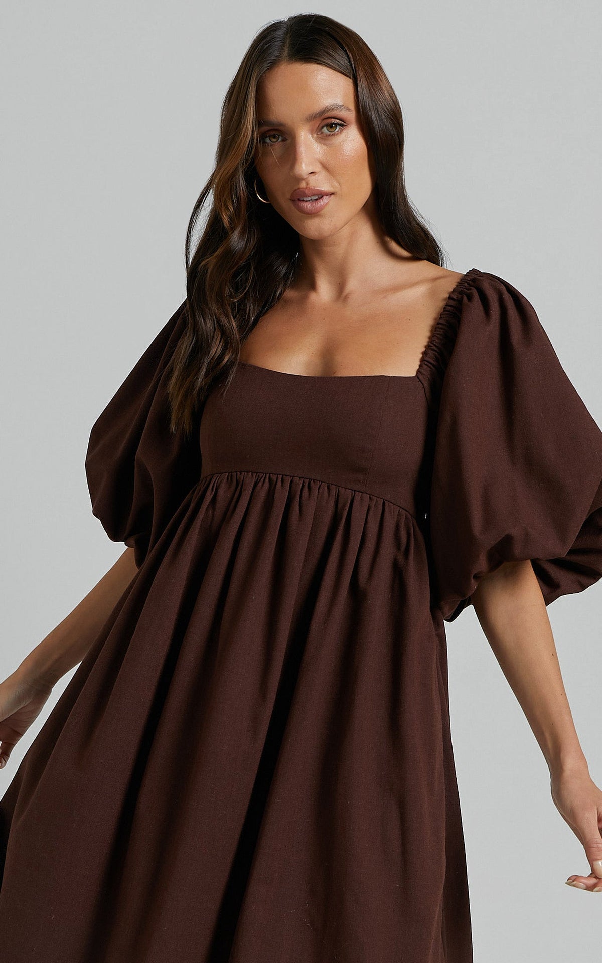 Cenia Midi Dress - Linen Straight Neck Shirred Back Puff Sleeve Dress in Dark Oak