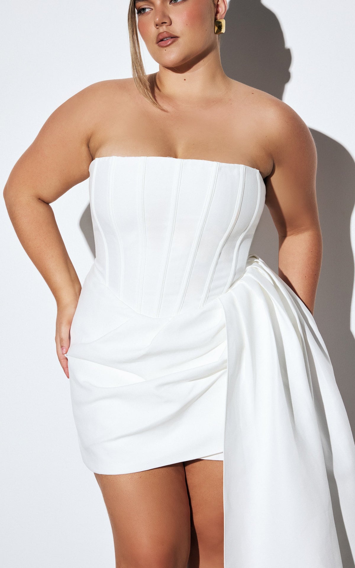 Jeanette Mini Dress - Strapless Corset Bodice Draped Waist Dress in White
