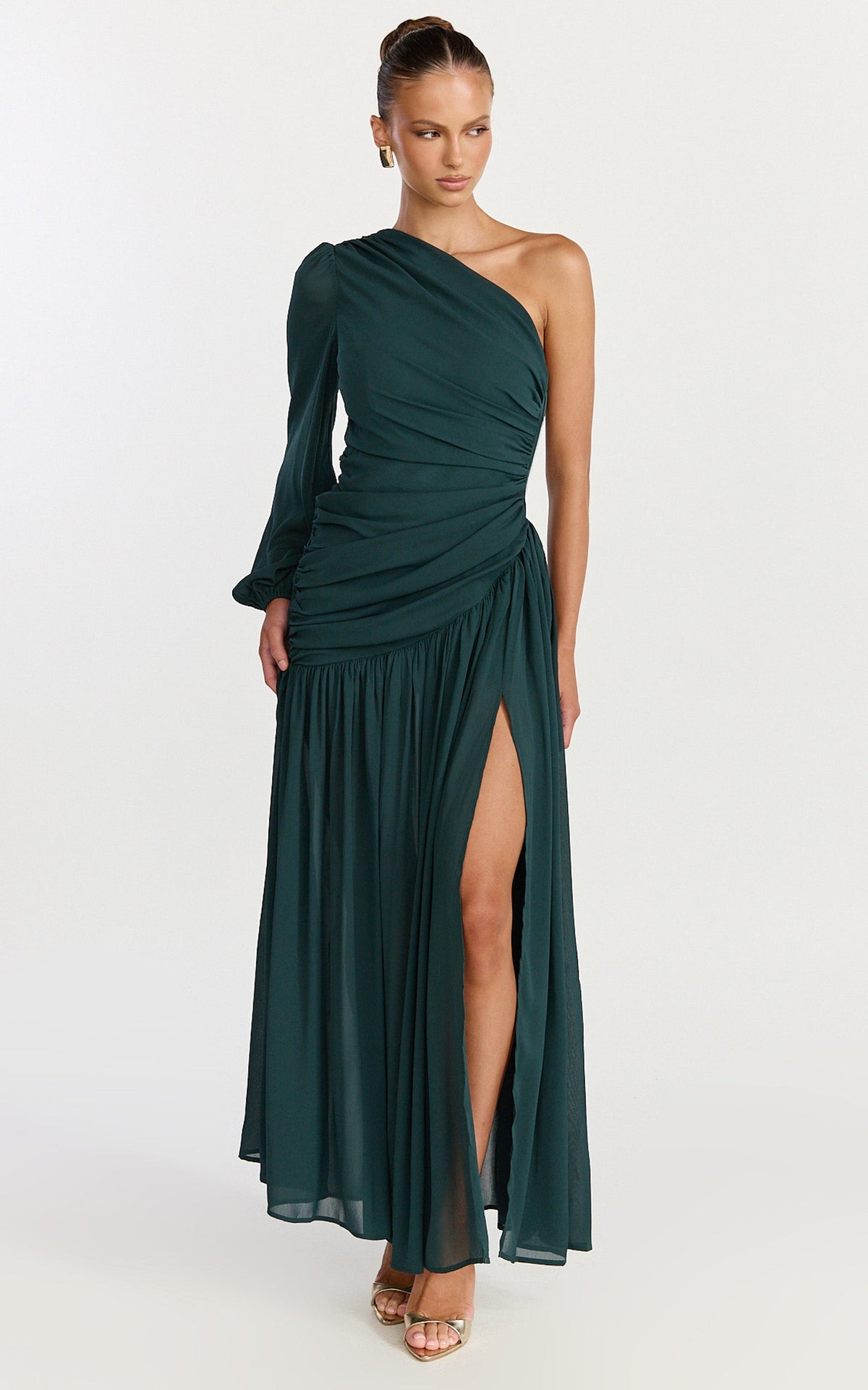 Grittah Maxi Dress - One Shoulder Bishop Sleeve High Split Ruched Dress in Emerald