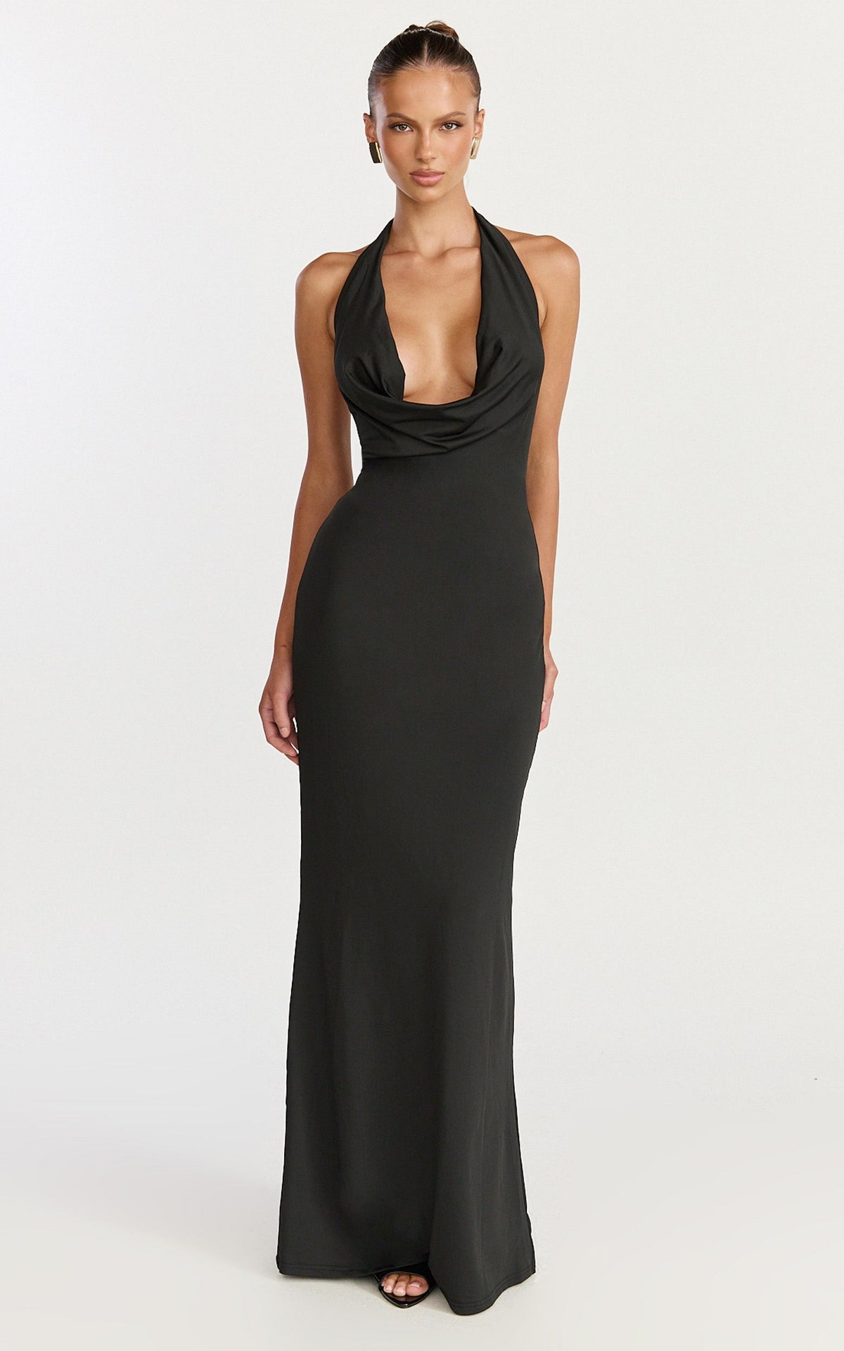 Sylvana Maxi Dress - Cowl Halter Neck Bodycon Dress in Black