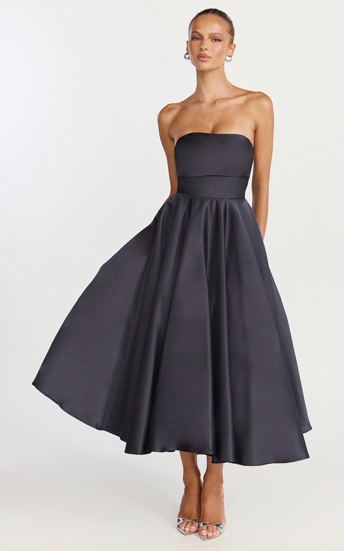 Helaina Midi Dress - Strapless A-Line Satin Dress in Navy