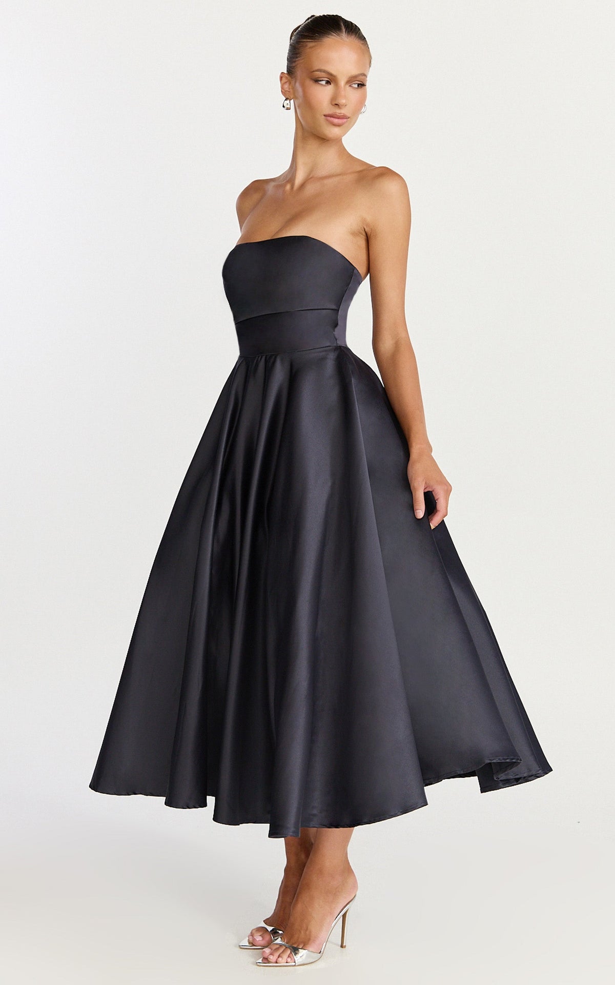 Helaina Midi Dress - Strapless A-Line Satin Dress in Navy