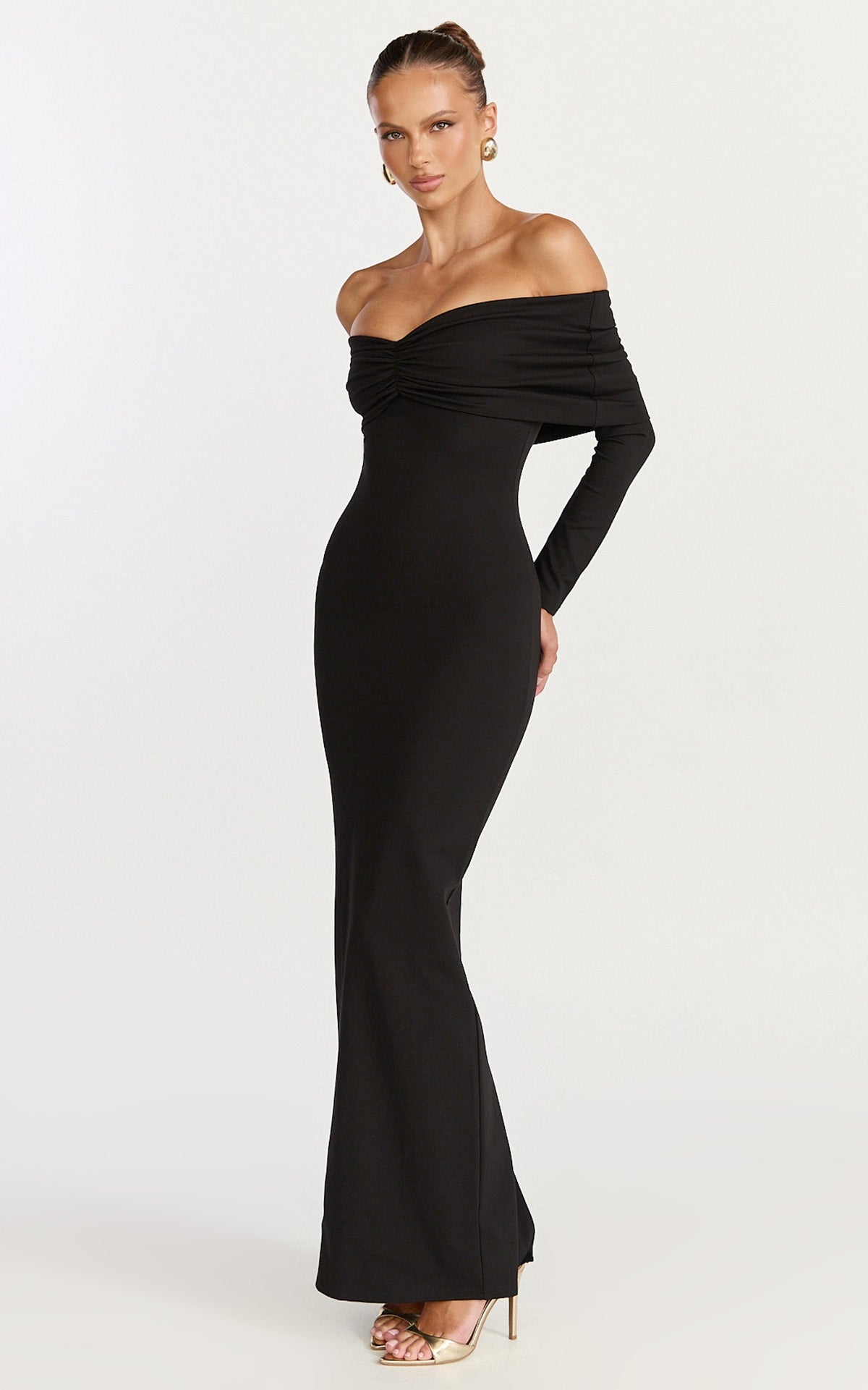 Rani Maxi Dress - Off Shoulder Long Sleeve Bodycon Dress in Black