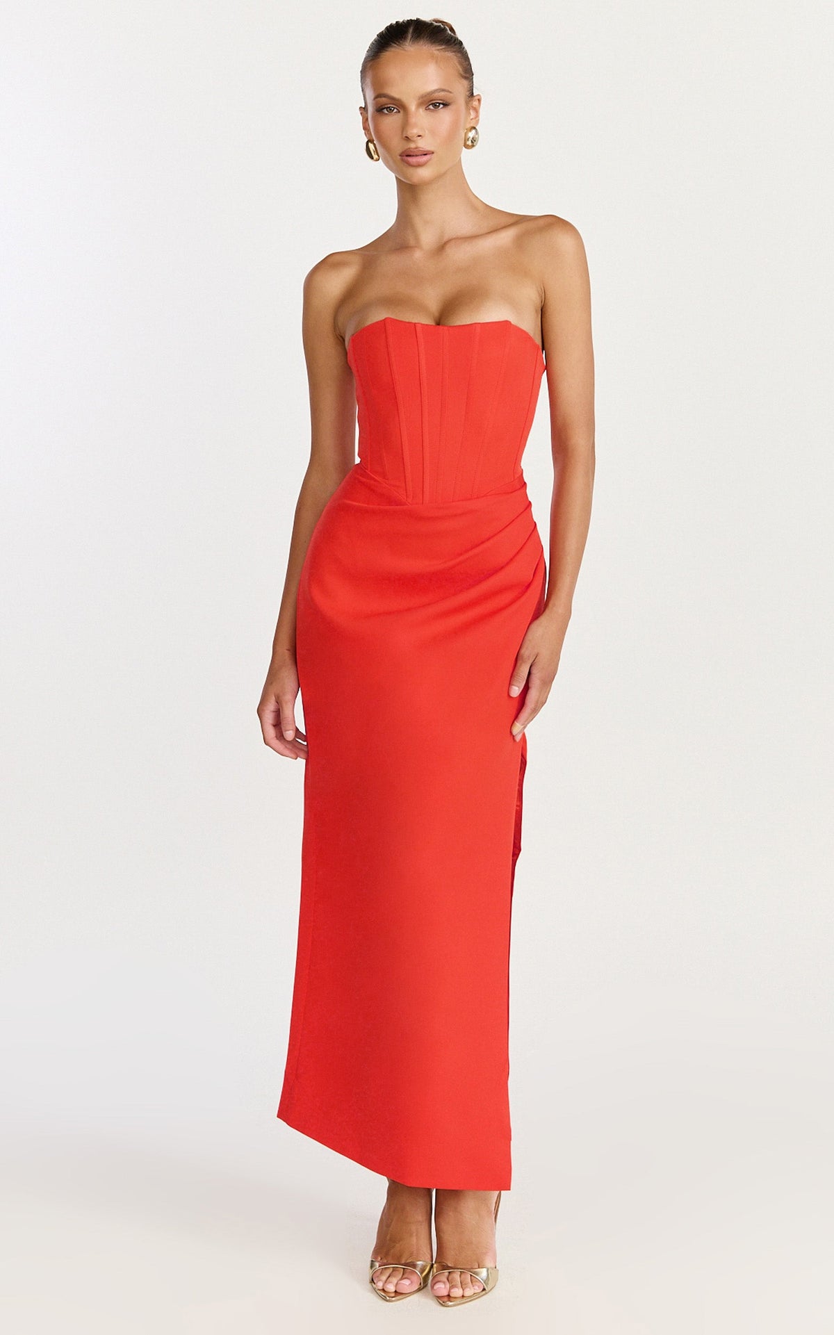 Avery Midi Dress - Strapless Draped Side Split Dress in Orange