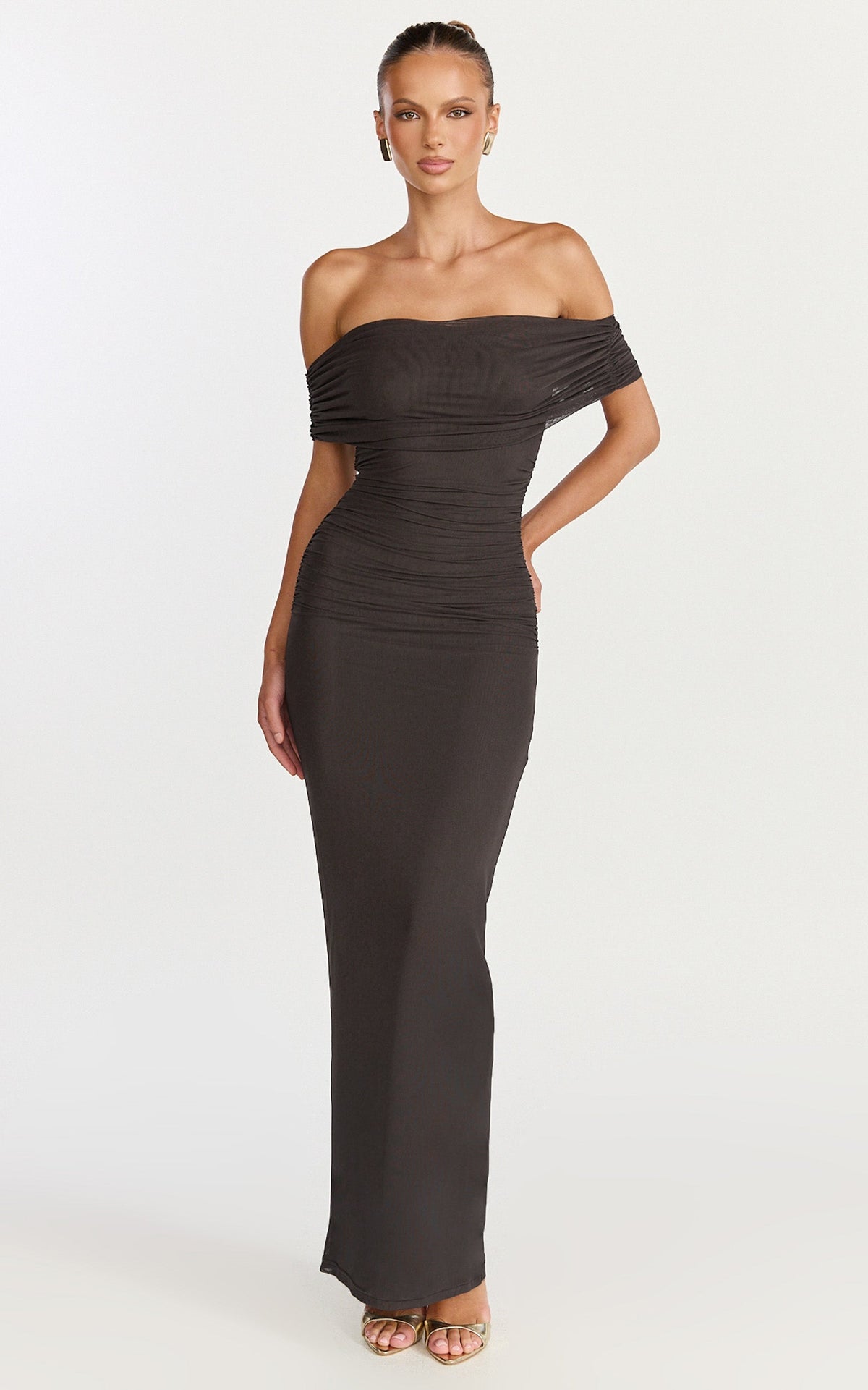 Caterina Maxi - Ruched Off Shoulder Mesh Dress in Chocolate