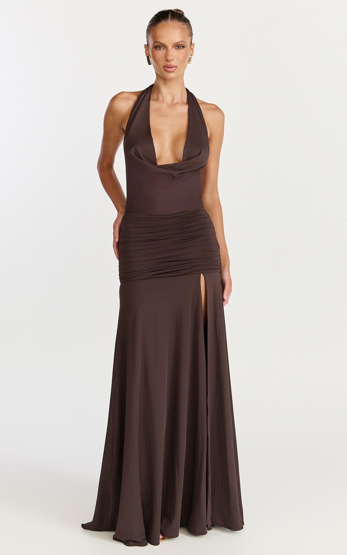 Janice Maxi Dress - Plunge Cowl Halter High Leg Split Dress in Chocolate