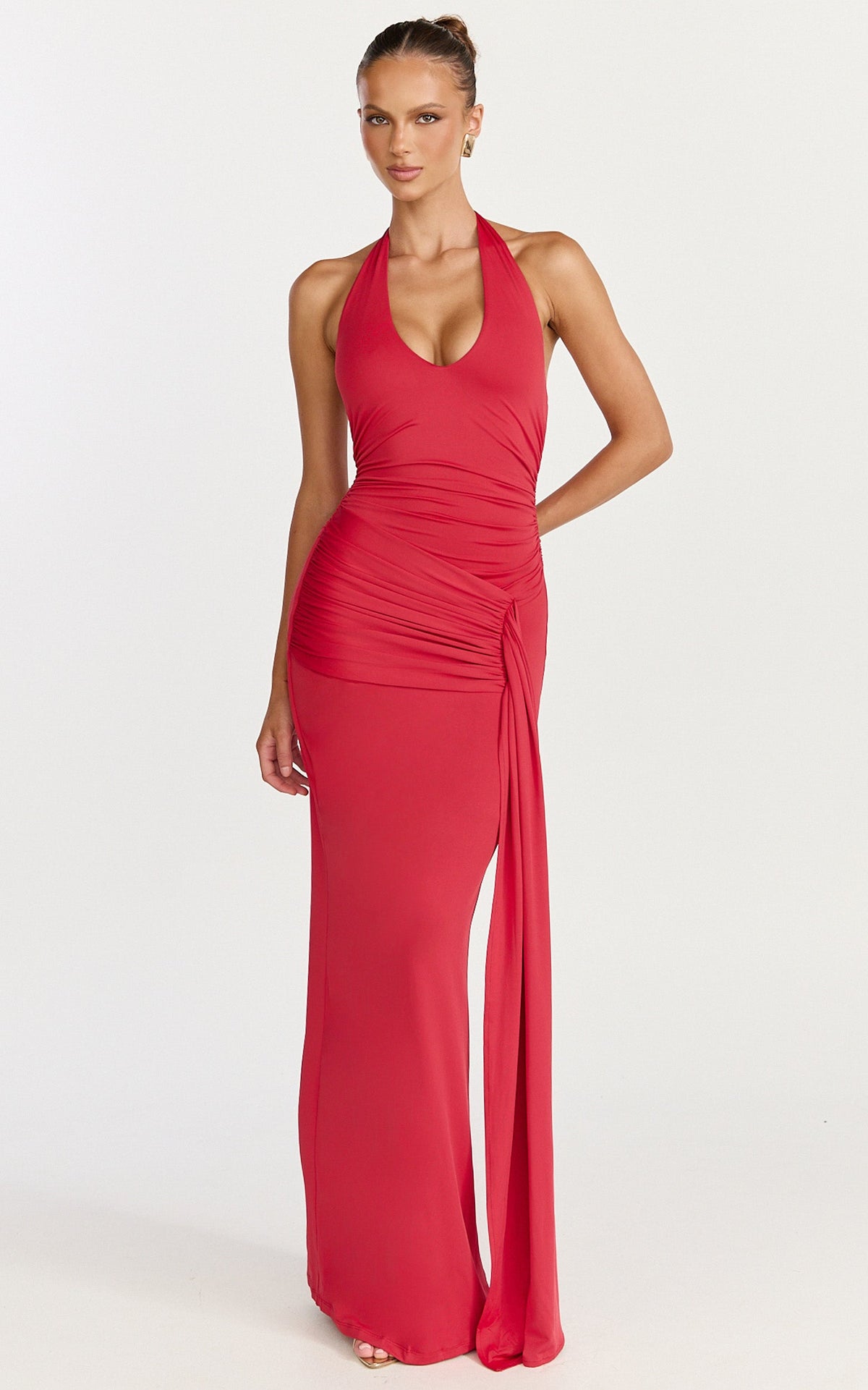 Dixie Maxi Dress - Plunge Halter Low Back Dress in Cherry