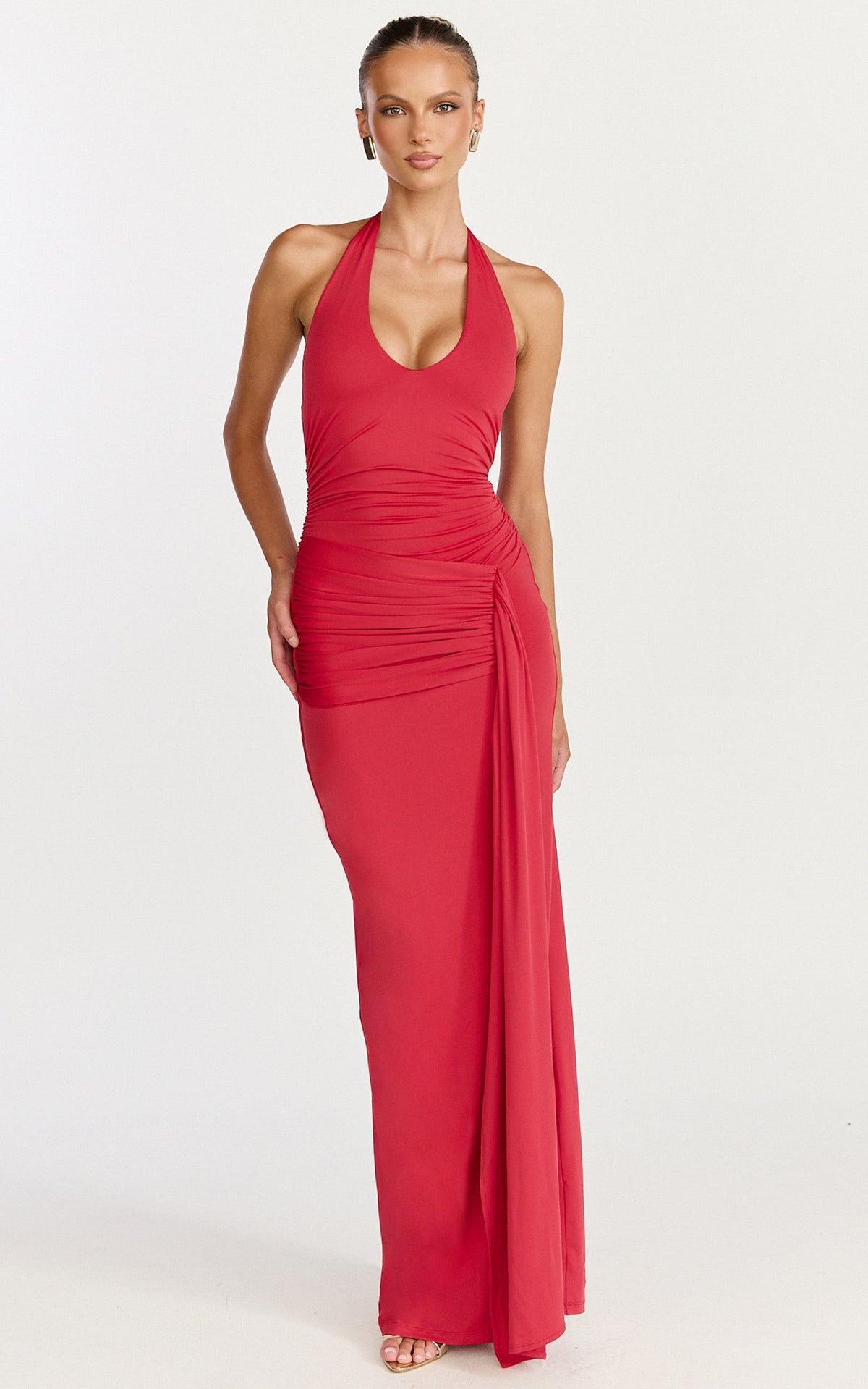 Dixie Maxi Dress - Plunge Halter Low Back Dress in Cherry