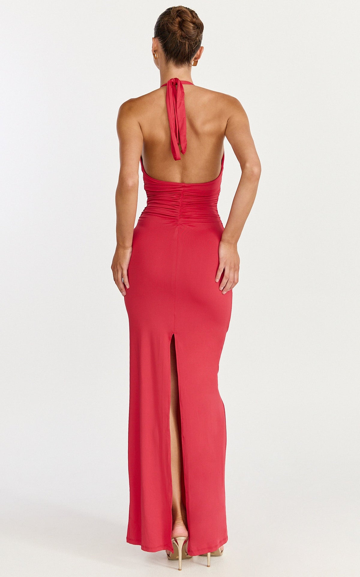 Dixie Maxi Dress - Plunge Halter Low Back Dress in Cherry