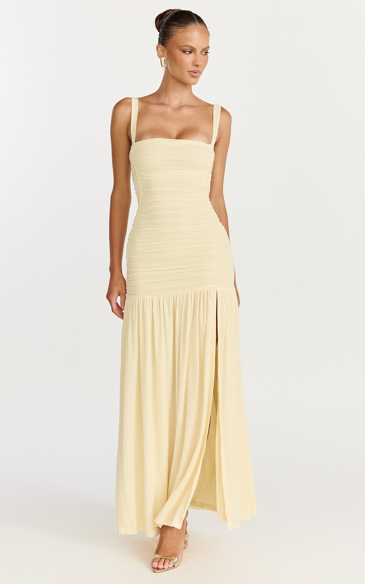 Cardi Maxi Dress - Ruched Mesh High Leg Split Dress in Lemon