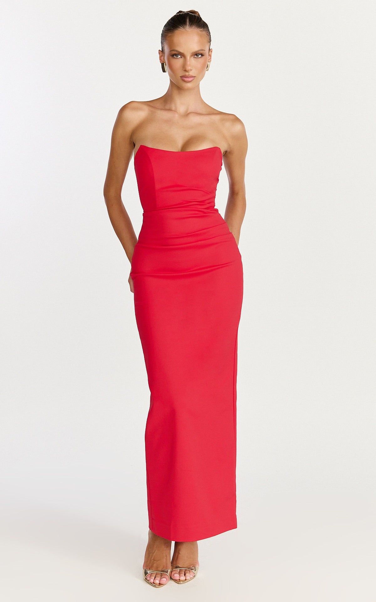 Pietra Midi Dress - Strapless Side Seam Tucks Fitted Dress in Red