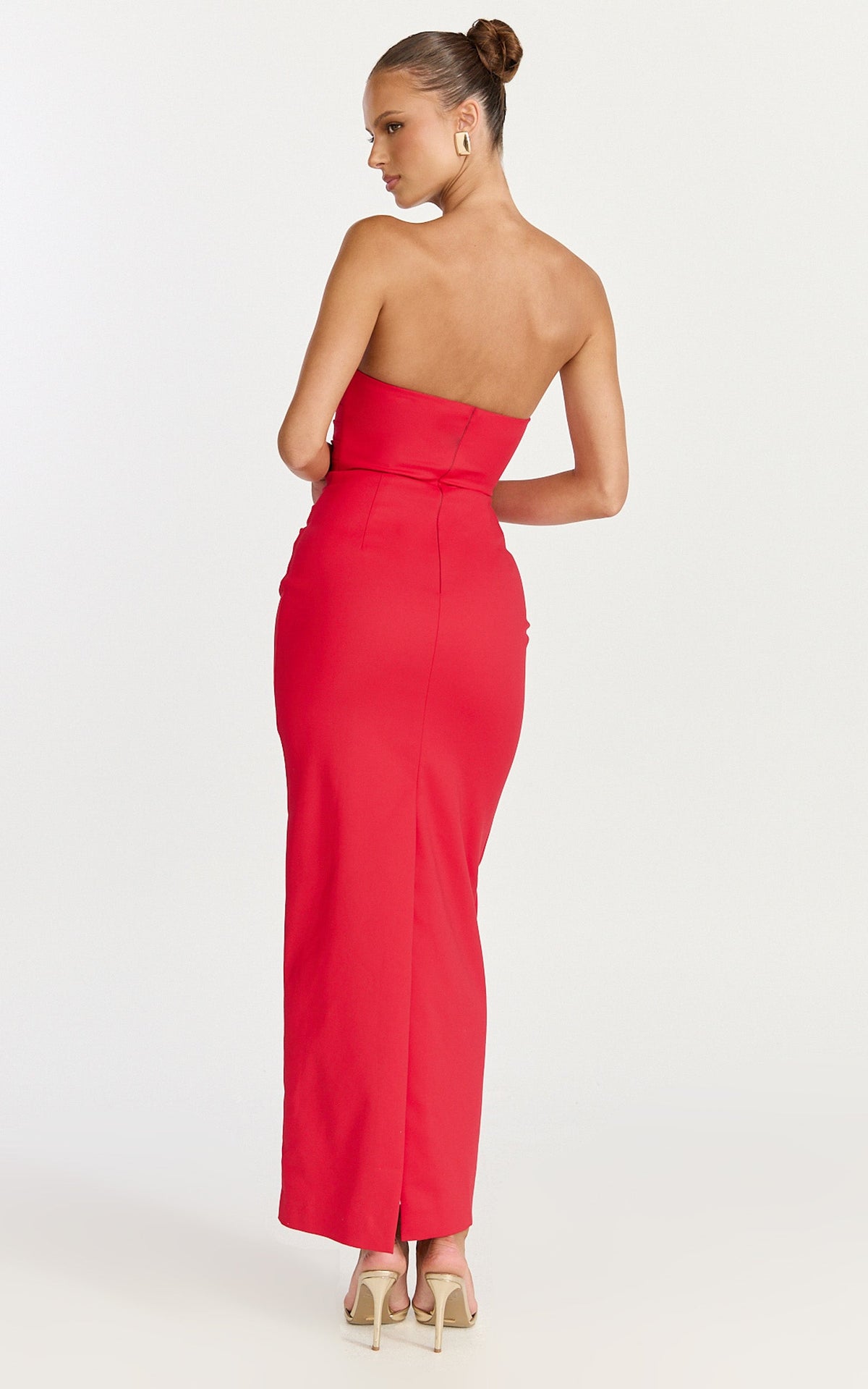 Pietra Midi Dress - Strapless Side Seam Tucks Fitted Dress in Red