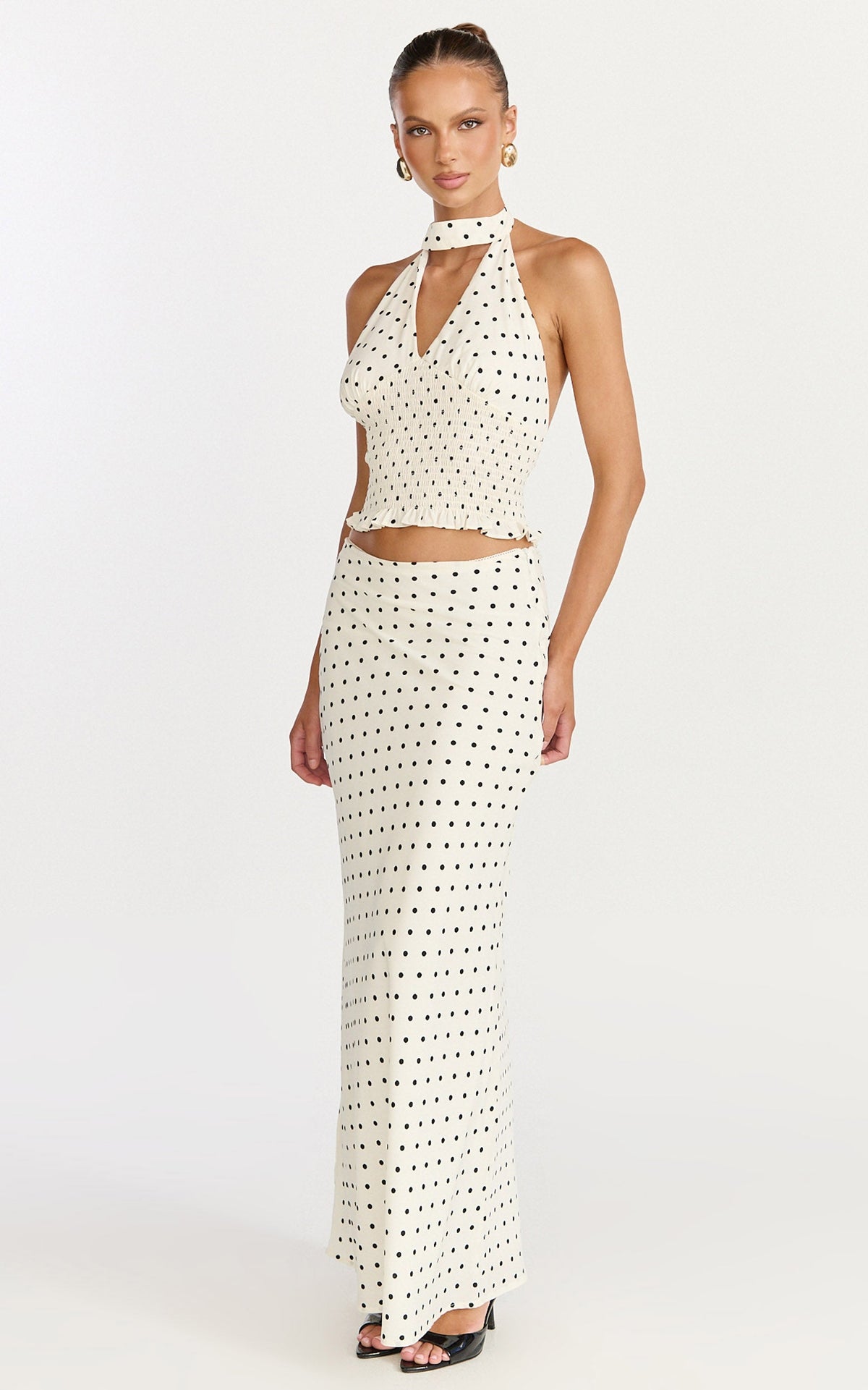 Charlotte Top - Polka Dot Halter Neck Top in White & Black Polka Dots