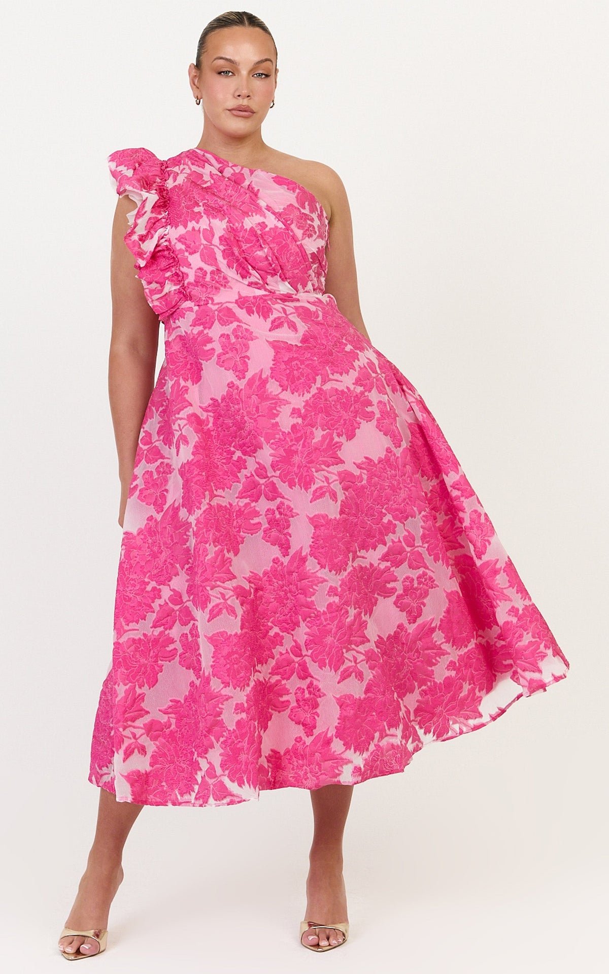 Alfreda Midi Dress - One Shoulder Ruffle Detail Brailey Jacquard Dress in Pink