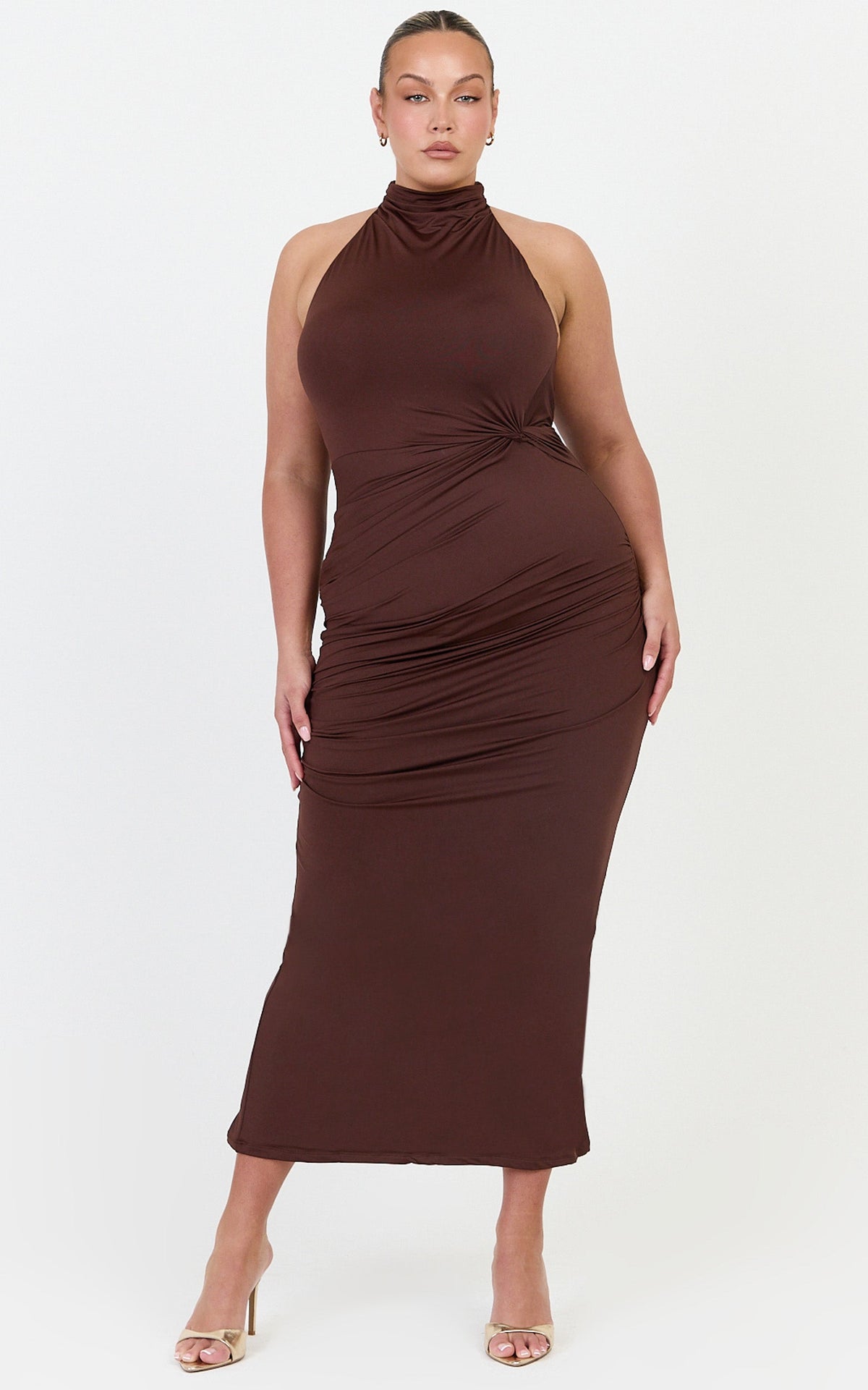Olenna Midi Dress - Halter Neck Twist Detail Tie Back Dress in Chocolate