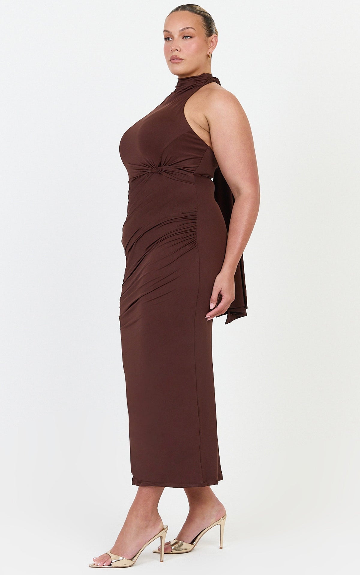 Olenna Midi Dress - Halter Neck Twist Detail Tie Back Dress in Chocolate