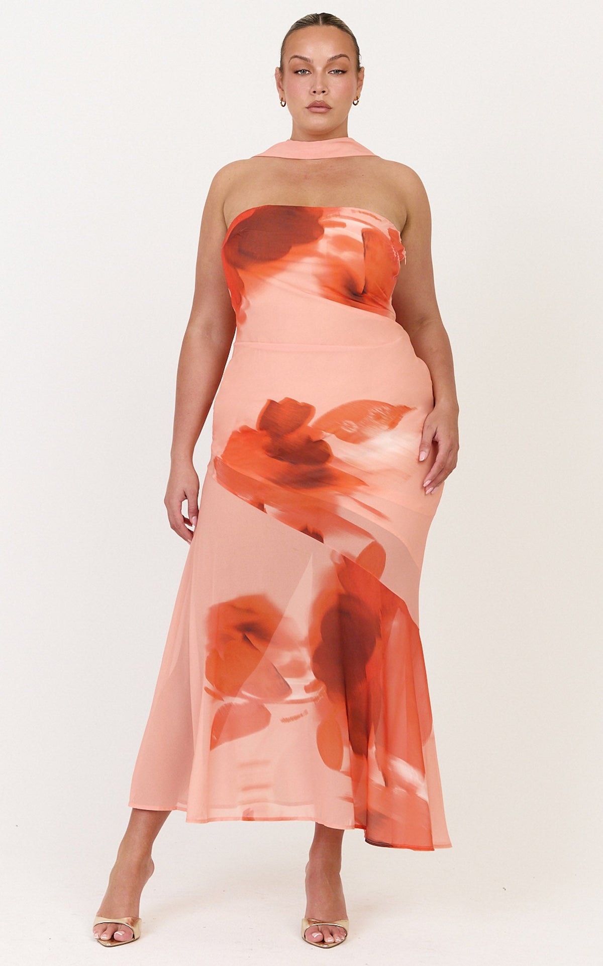 Angie Maxi Dress - Strapless Bias Column Dress with Scarf in Orange