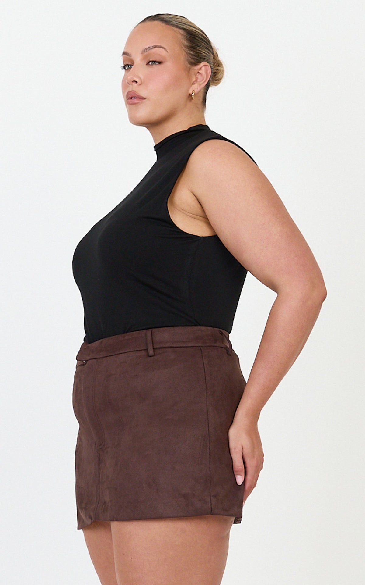 Priscilla Mini Skirt - Mid Waist Faux Suede Skirt in Dark Chocolate