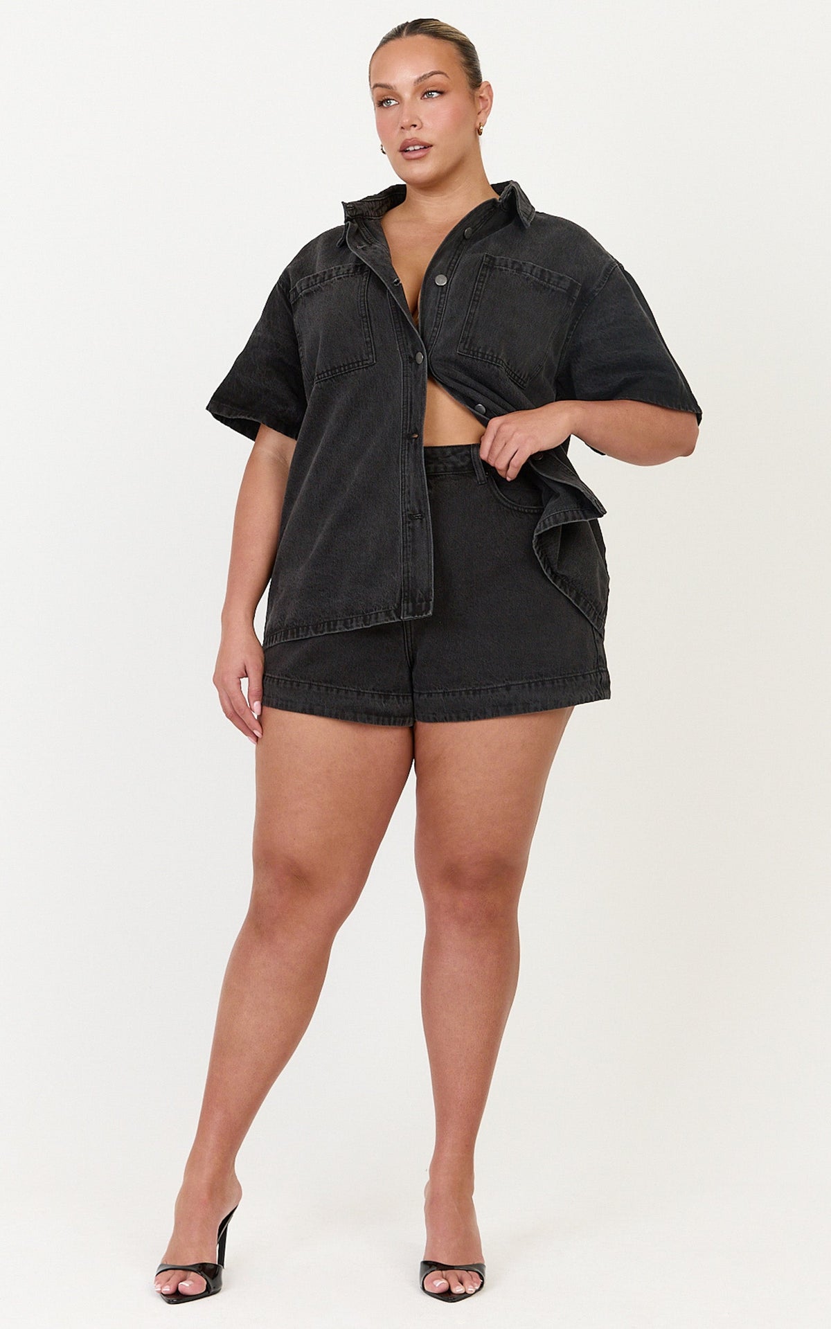 Iris Top - Oversized Recycled Denim Short Sleeve Shirt in Black