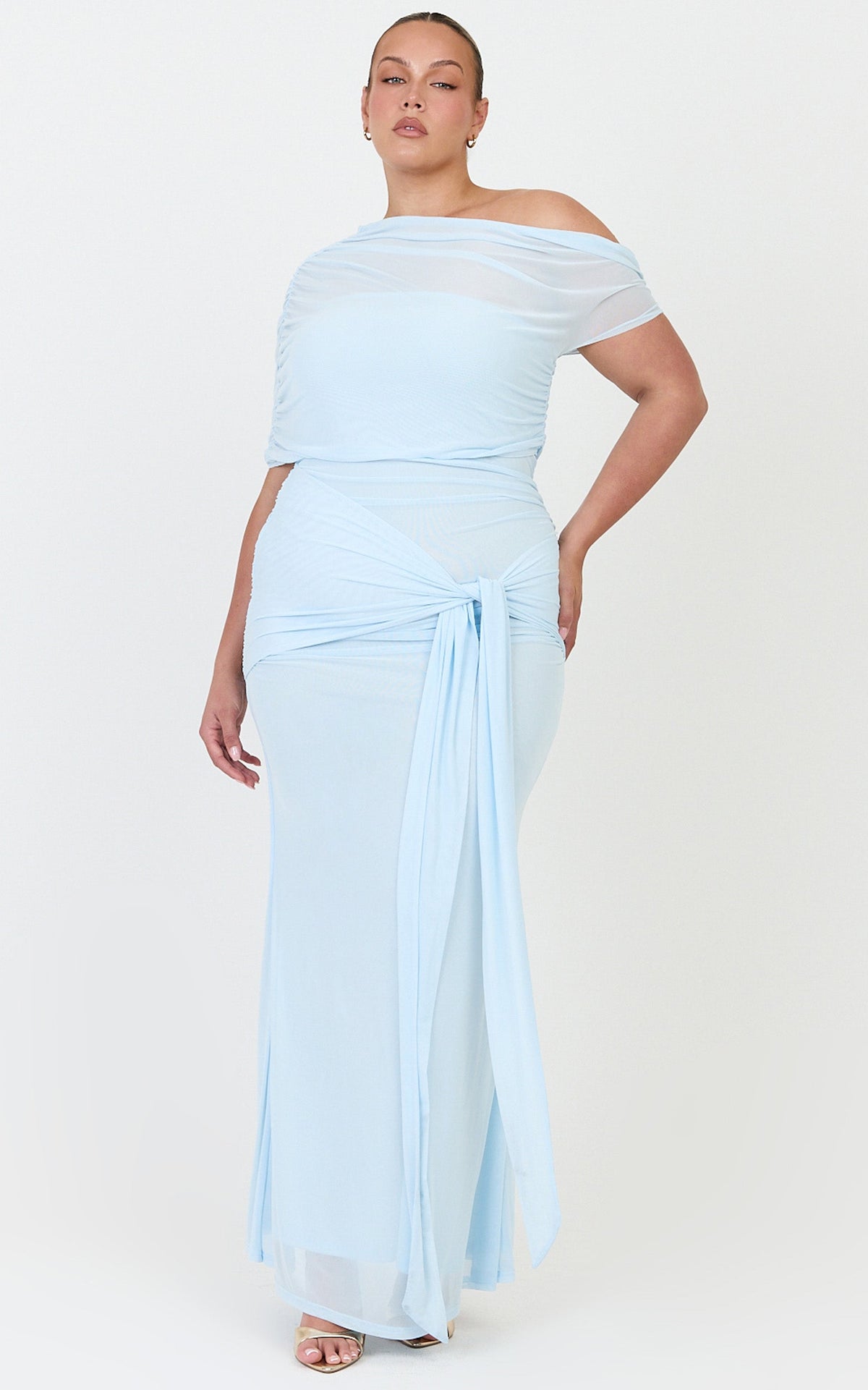 Nicolette Maxi Dress - Cape Sleeve Off Shoulder Dress in Blue