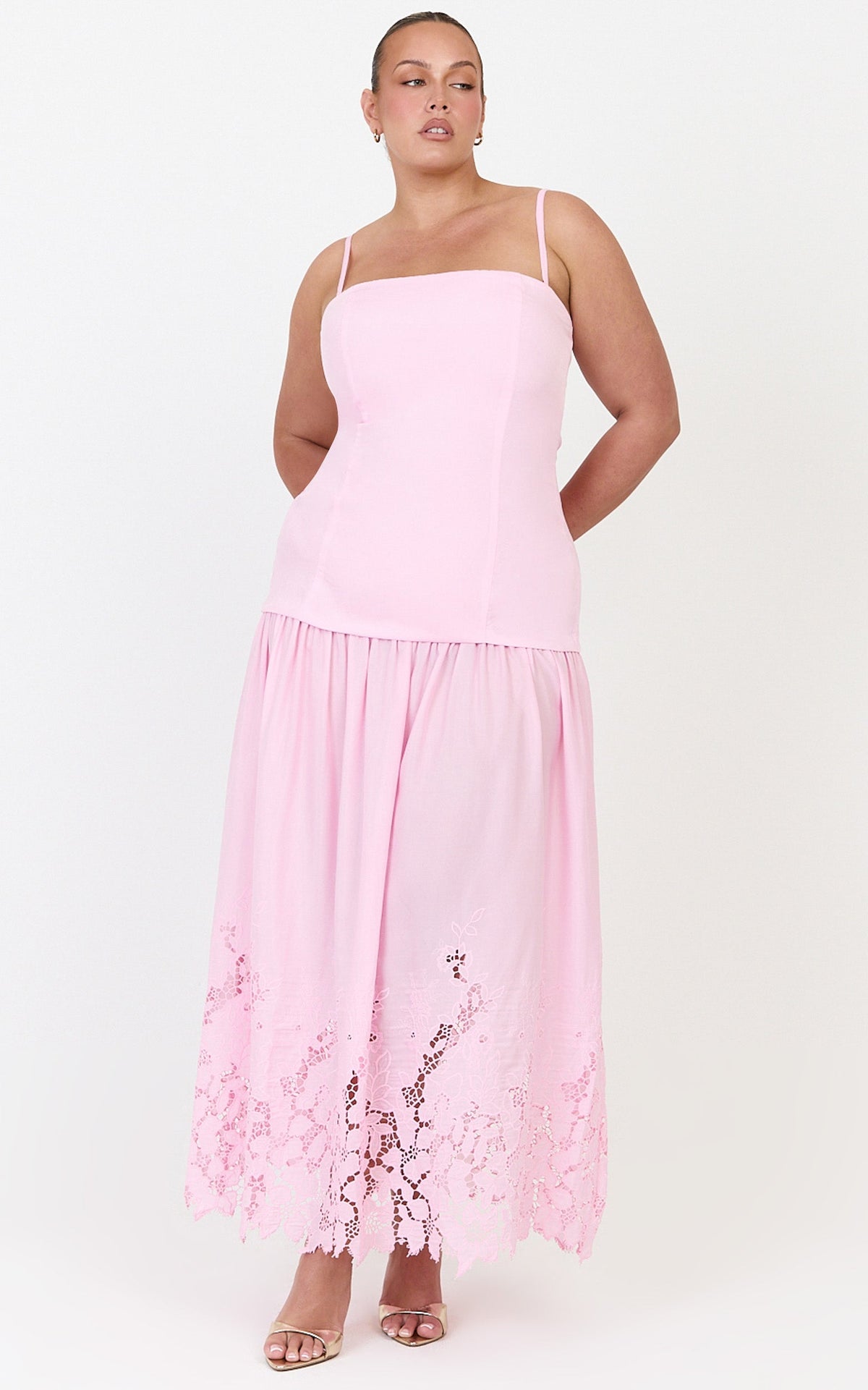 Everly Maxi Dress - Straight Neck Broderie Cut Out Hem Dress in Pink