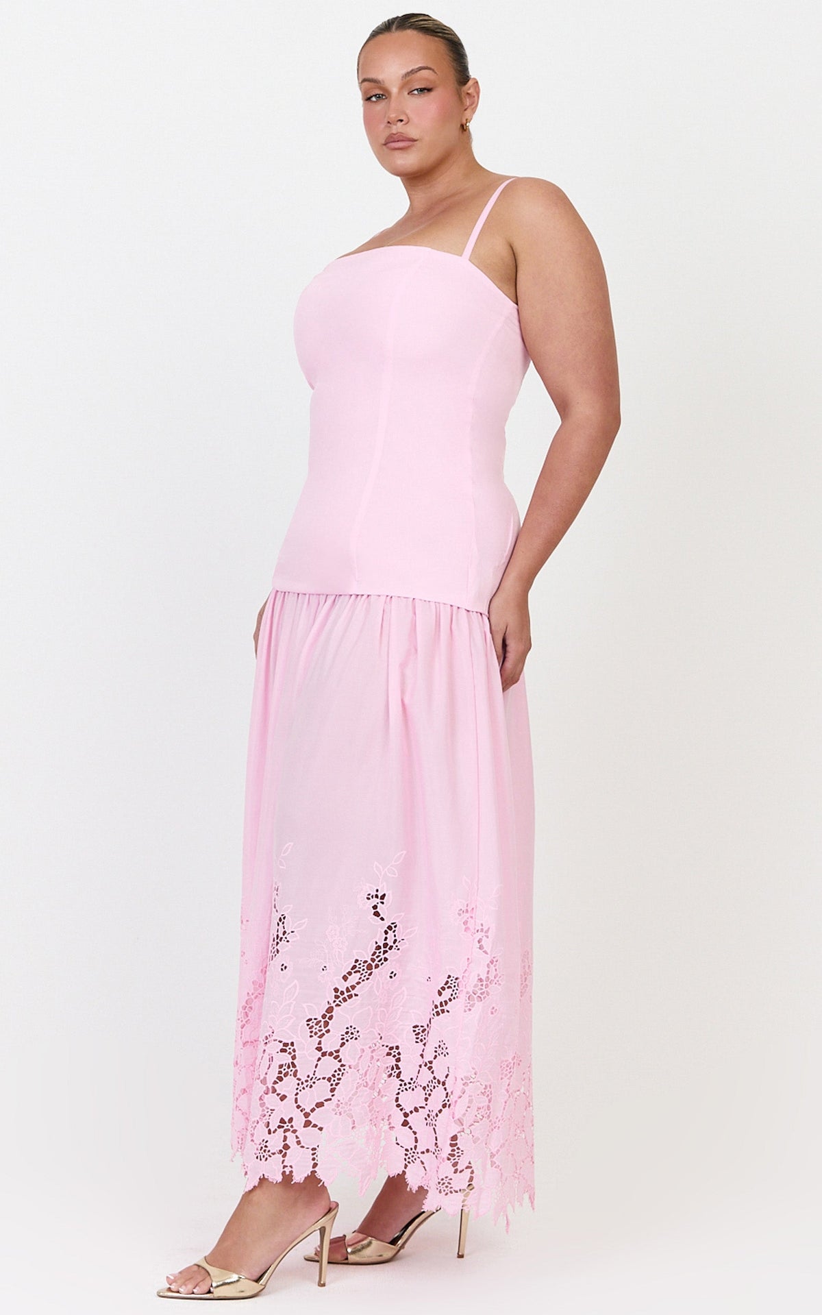 Everly Maxi Dress - Straight Neck Broderie Cut Out Hem Dress in Pink