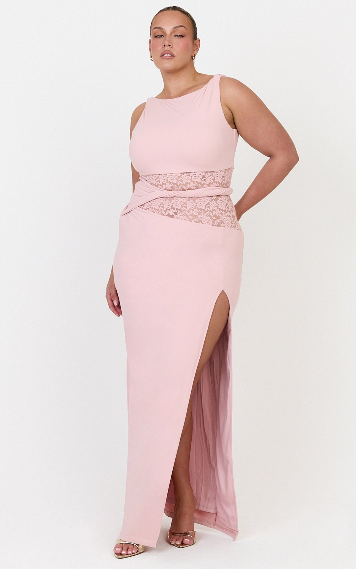 Alberta Maxi Dress - Spliced Sheer Lace Column Dress in Pink