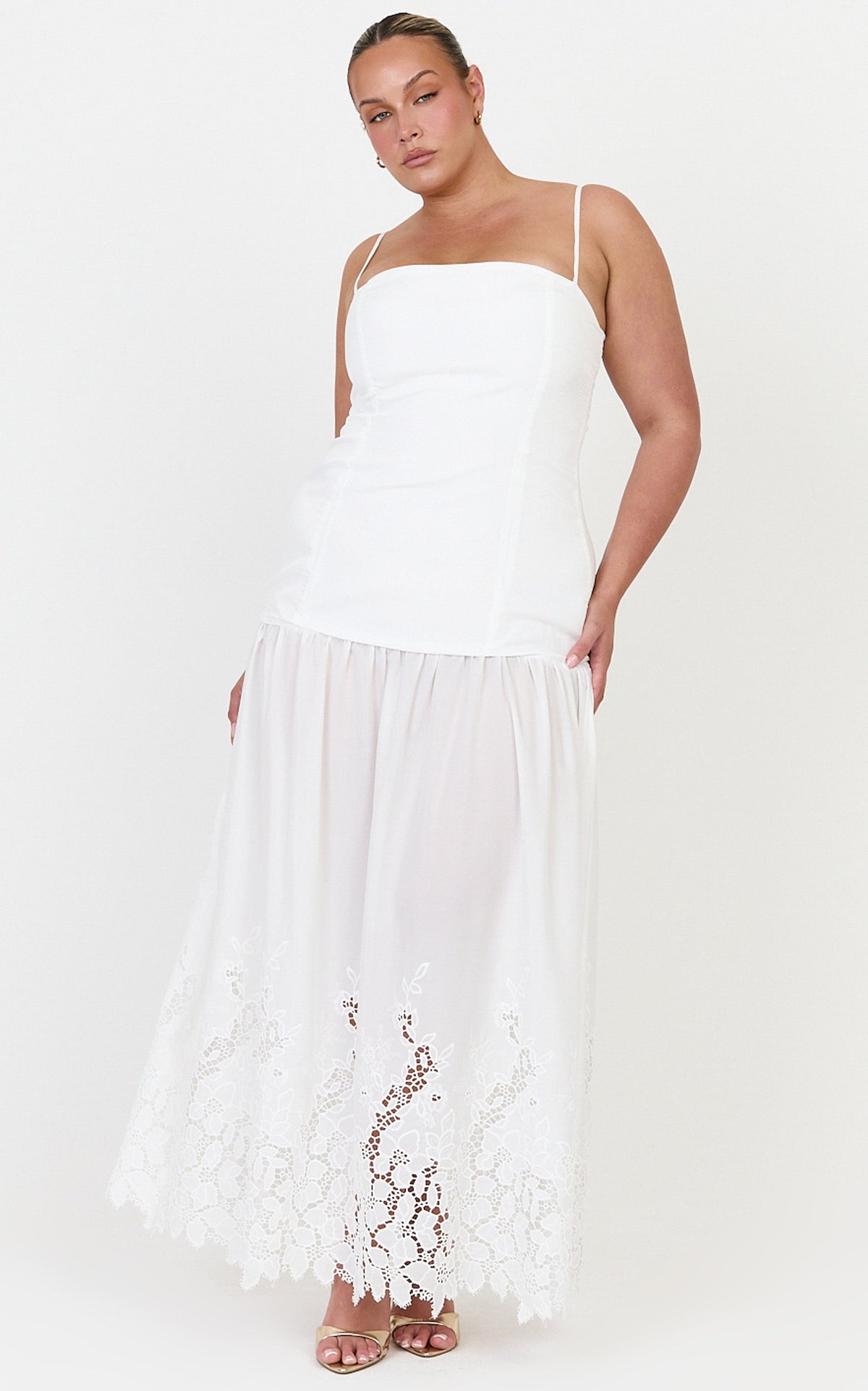 Everly Maxi Dress - Straight Neck Broderie Cut Out Hem Dress in White