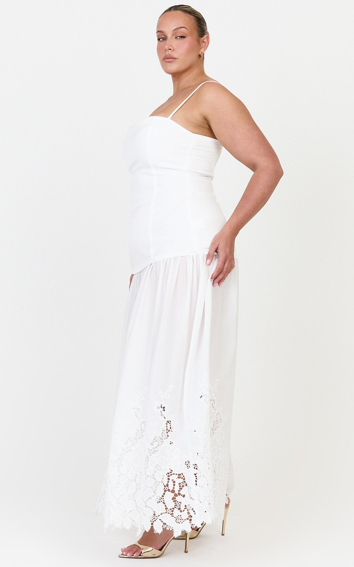 Everly Maxi Dress - Straight Neck Broderie Cut Out Hem Dress in White