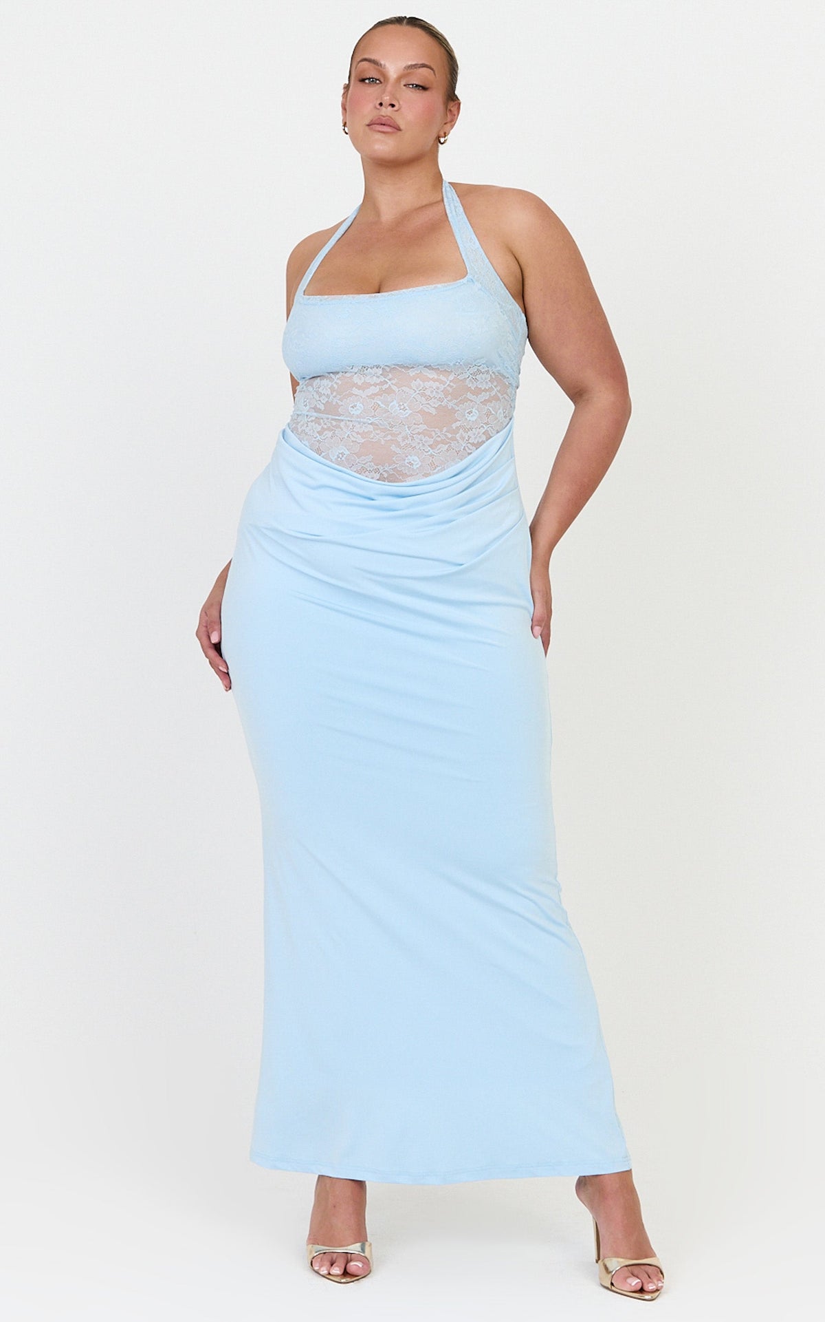 Sienne Maxi Dress - Lace Bodice Draped Cowl Waist Dress in Light Blue