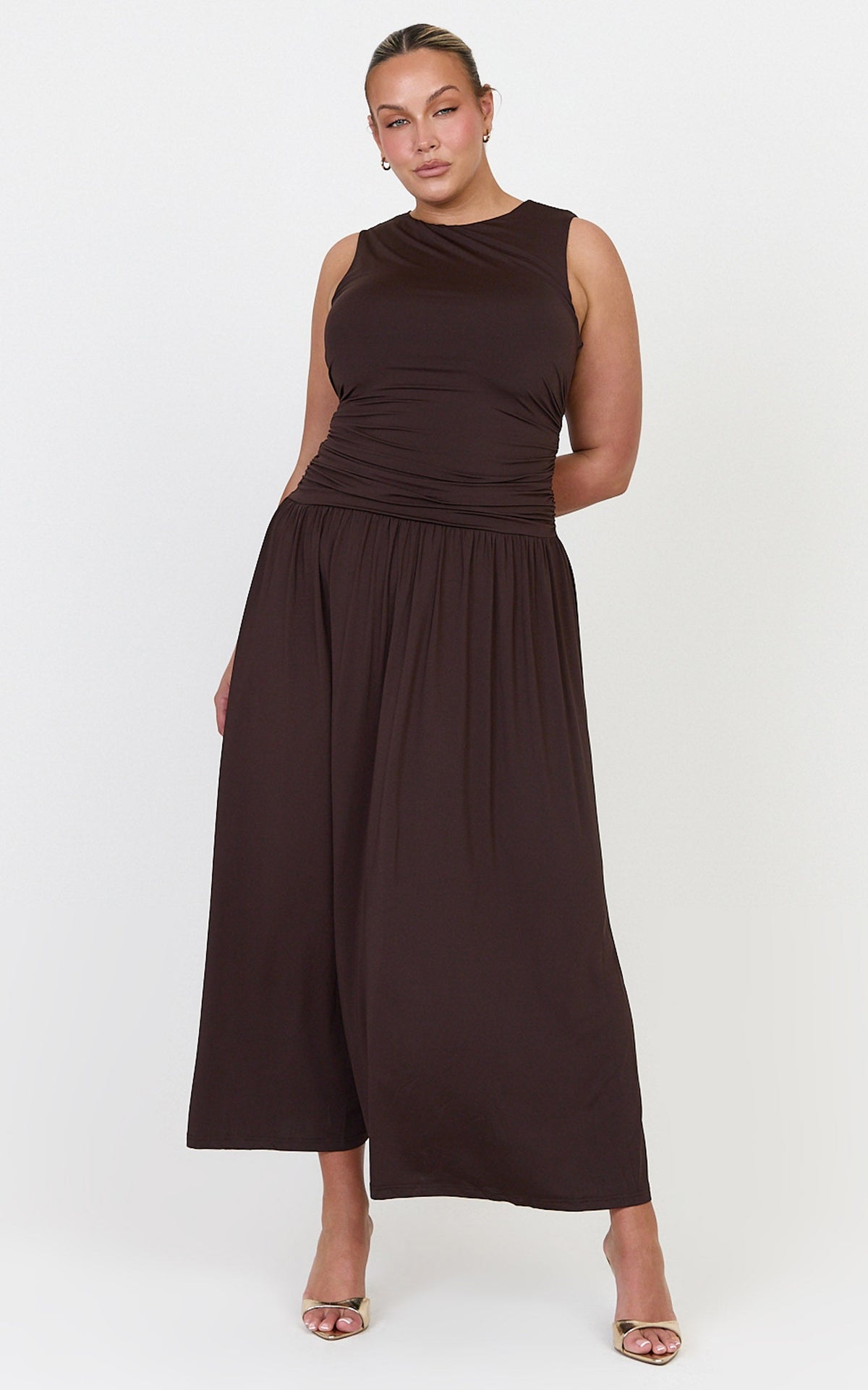 Marguerite Maxi Dress - Gathered Detail Dropped Waist Dress in Dark Chocolate