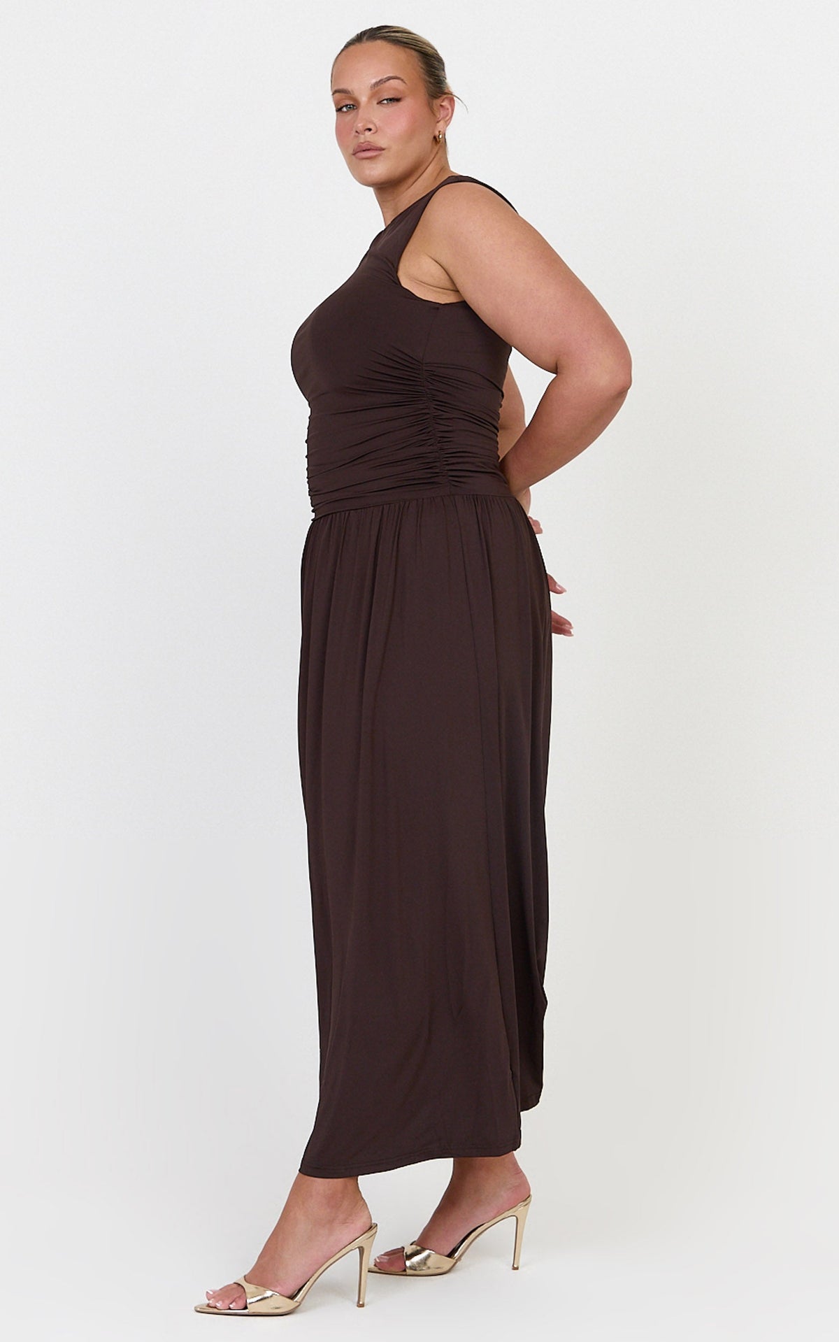 Marguerite Maxi Dress - Gathered Detail Dropped Waist Dress in Dark Chocolate