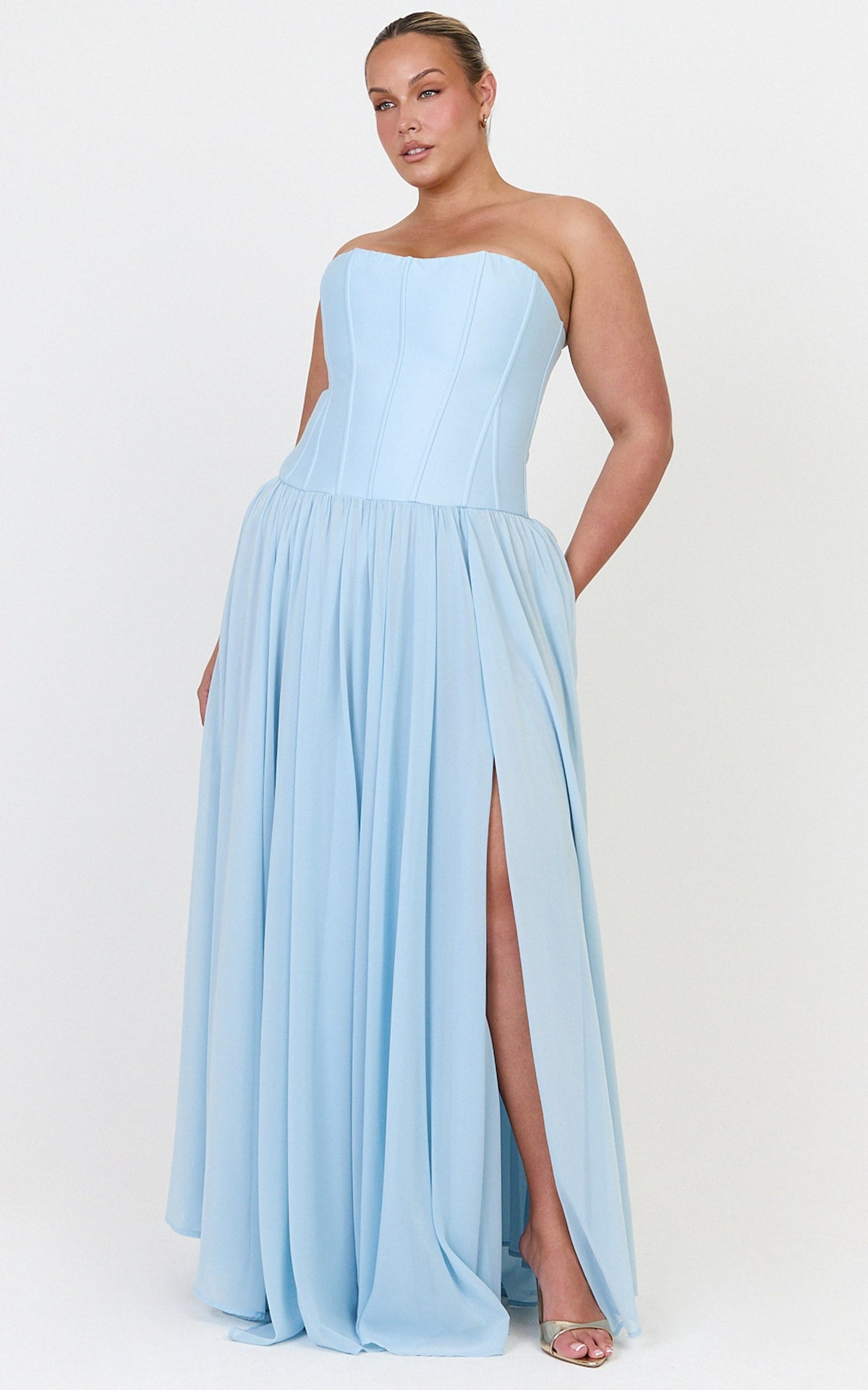 Eugene Maxi Dress - Contrast Strapless Fit And Flare High Split Dress in Blue