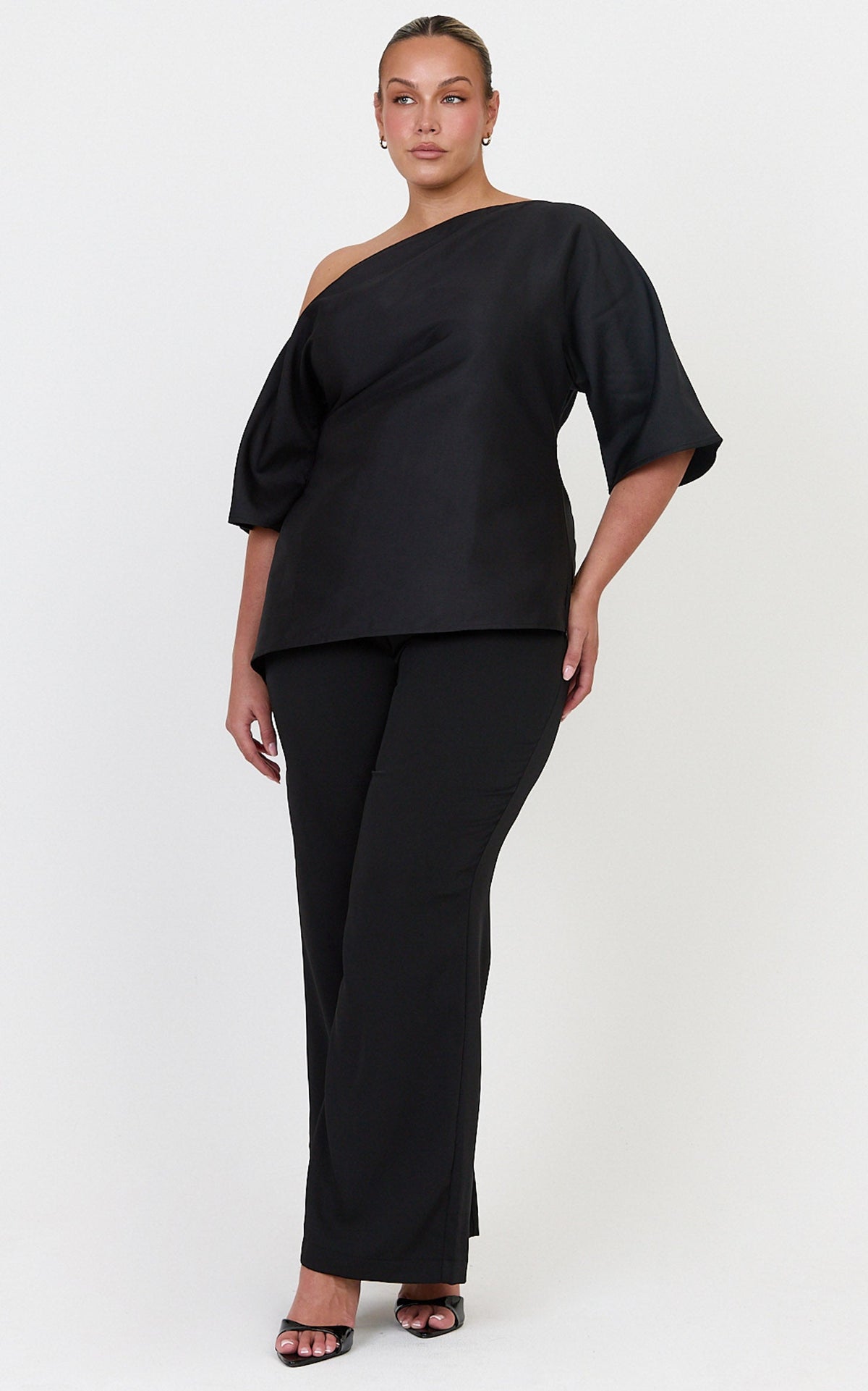 Aubrey Top - Cotton Blend Off Shoulder Cinched Waist Top in Black