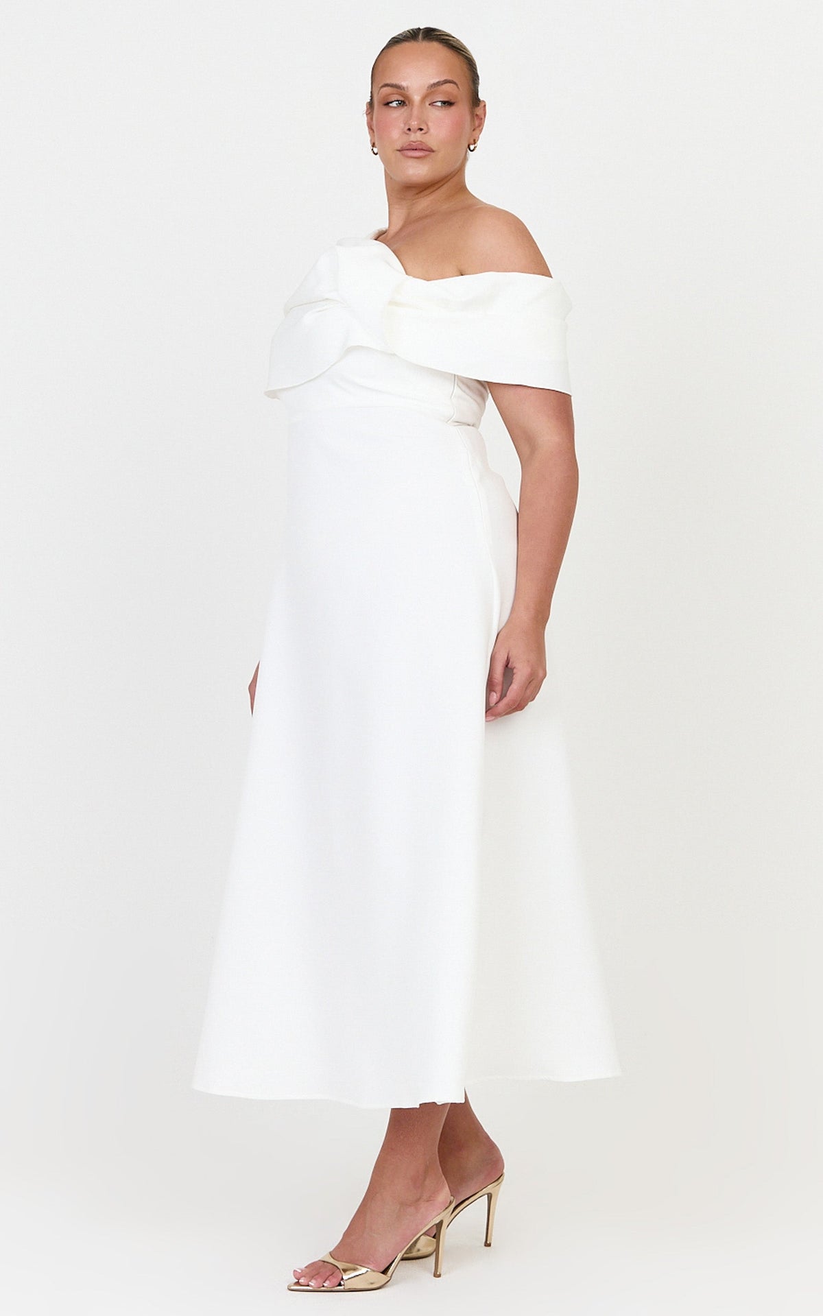 Mirabella Midi Dress - One Shoulder Twist Front Dress in Off White