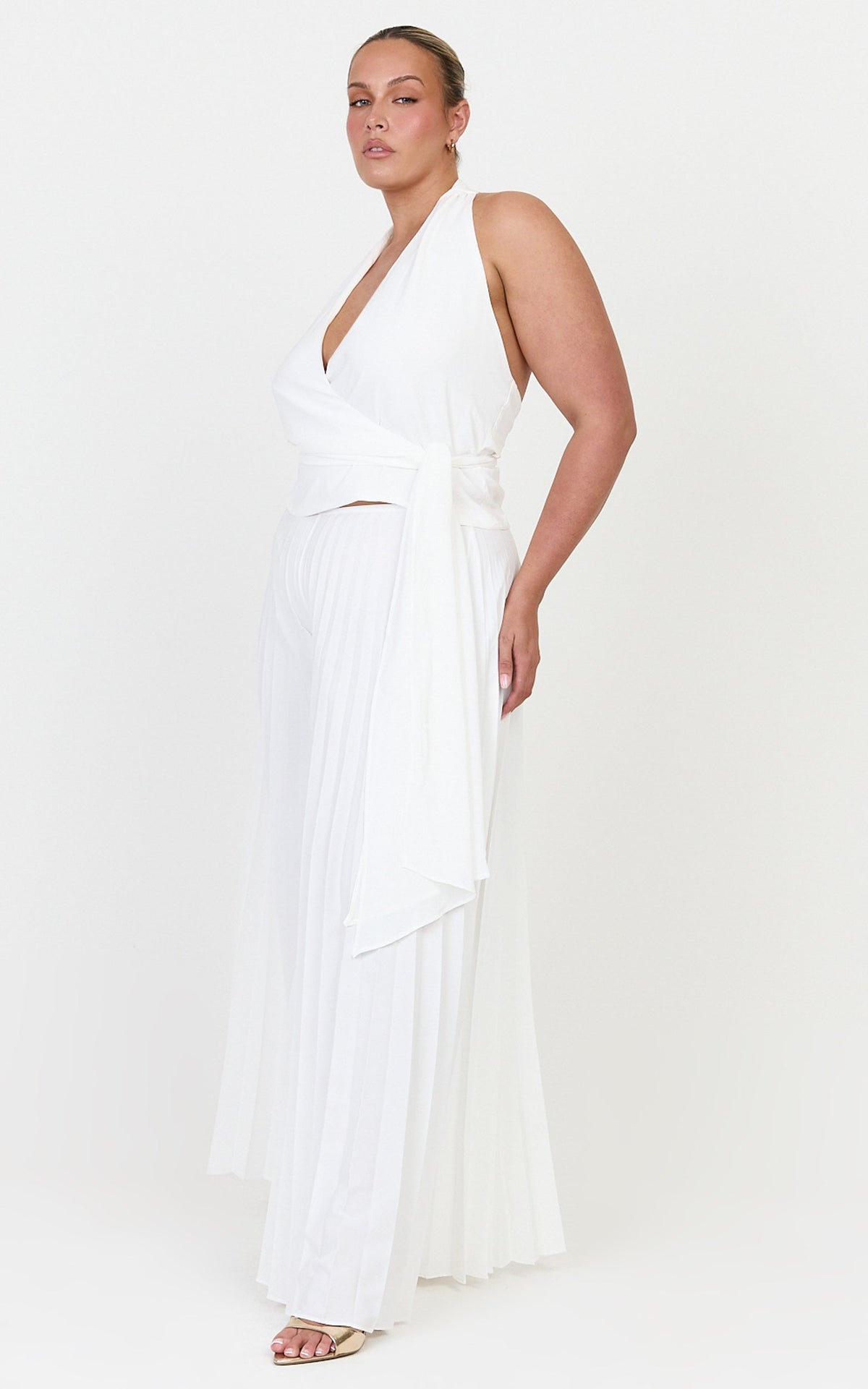 Valentina Top - Halter Neck Front Wrap Sash Detail Top in Off White