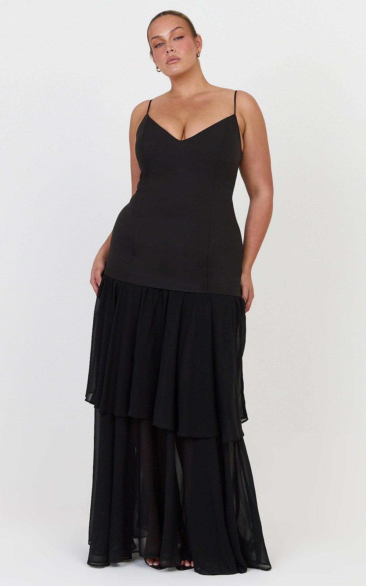 Lily Maxi Dress - Lace Up Back V Neck Tiered Georgette Dress in Black