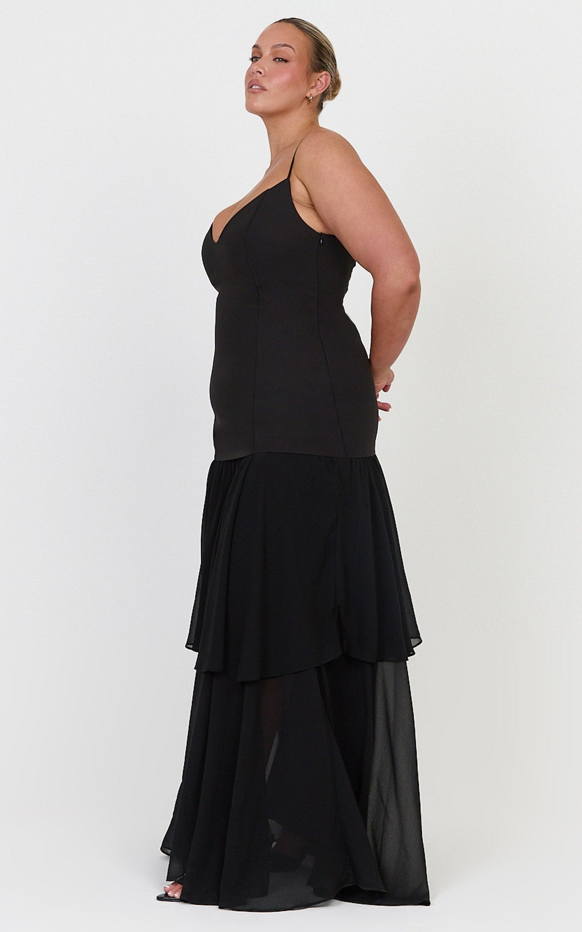 Lily Maxi Dress - Lace Up Back V Neck Tiered Georgette Dress in Black