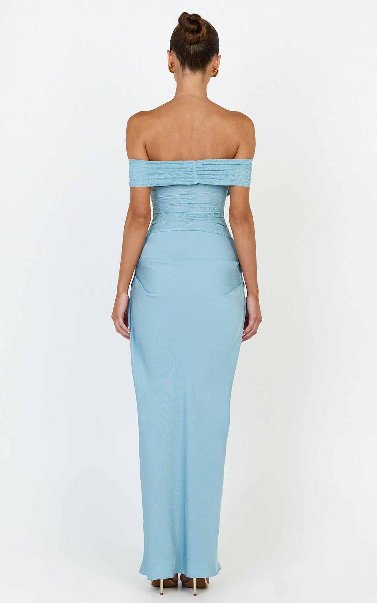 Thalassa Maxi Dress - Lace Off Shoulder Contrast Draped Cowl Waist Dress in Light Blue