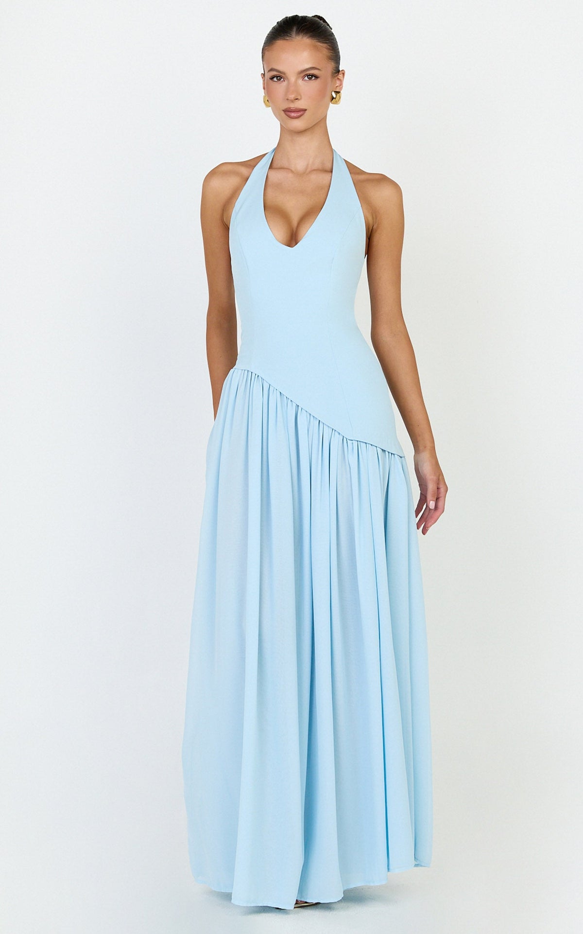 Calla Maxi Dress - Halter Neck Asymmetric Dropped Waist Dress in Blue