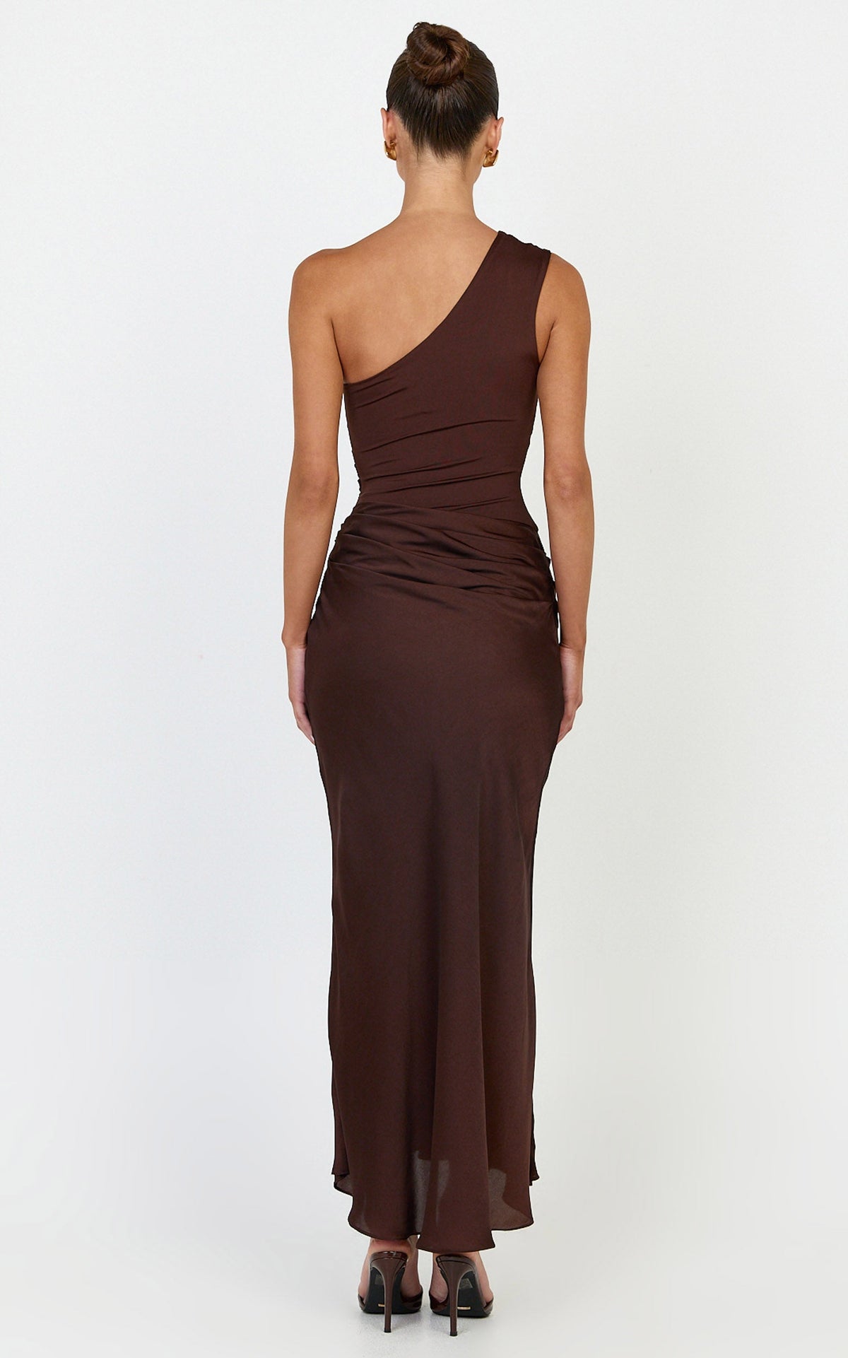 Astrid Midi Dress - One Shoulder Contrast Satin Dress in Chocolate
