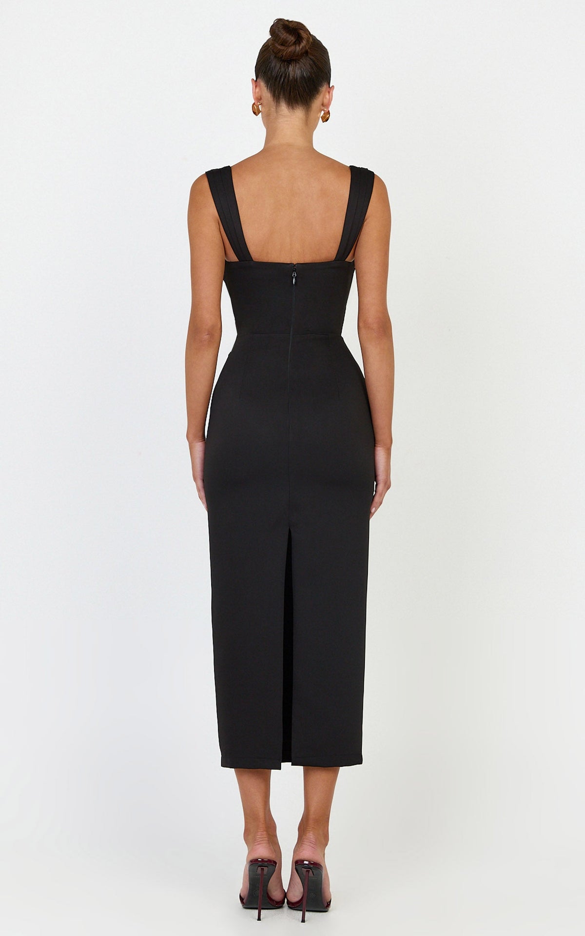 Kenna Midi Dress - Gathered Bust Tucked Waist Dress in Black