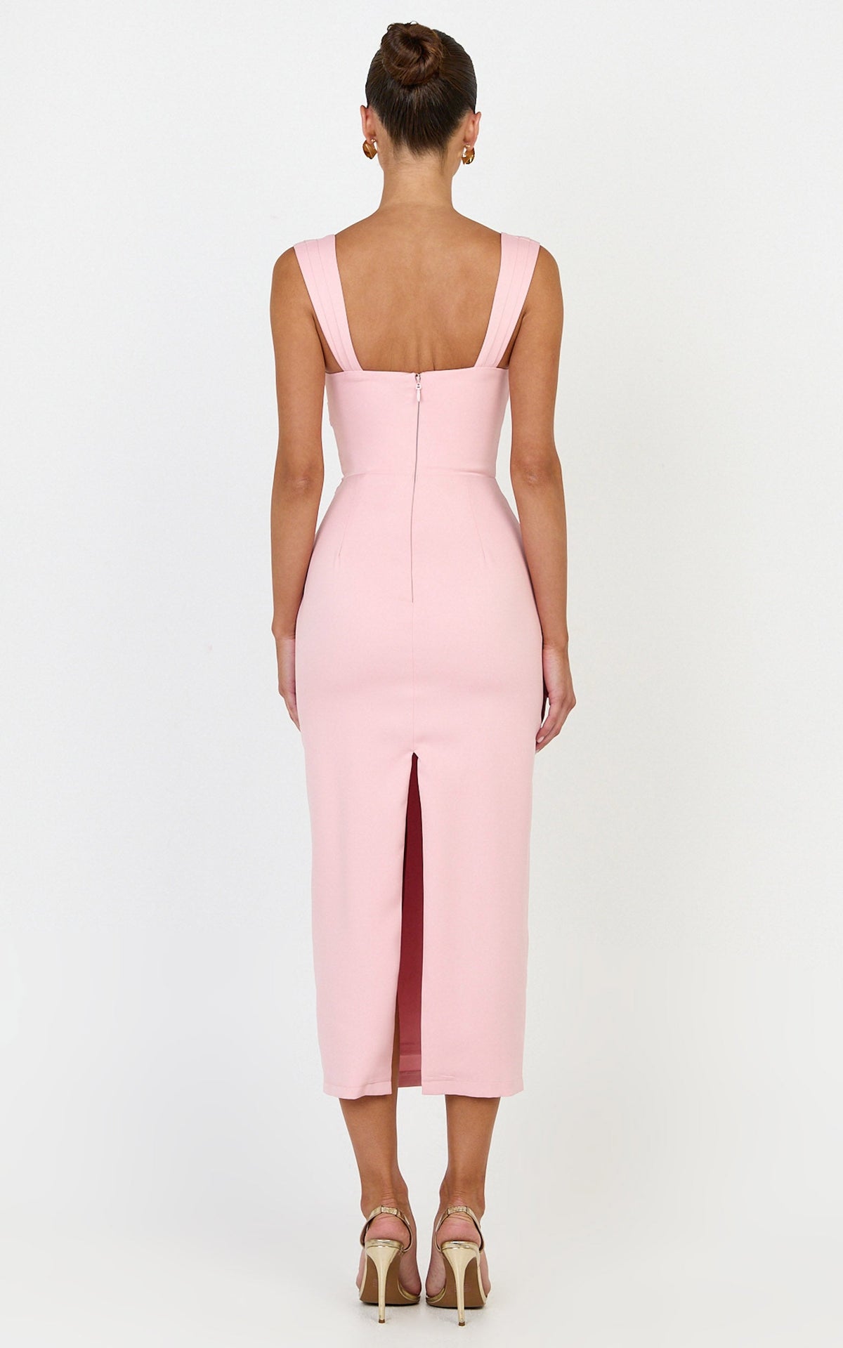 Kenna Midi Dress - Gathered Bust Tucked Waist Dress in Pink